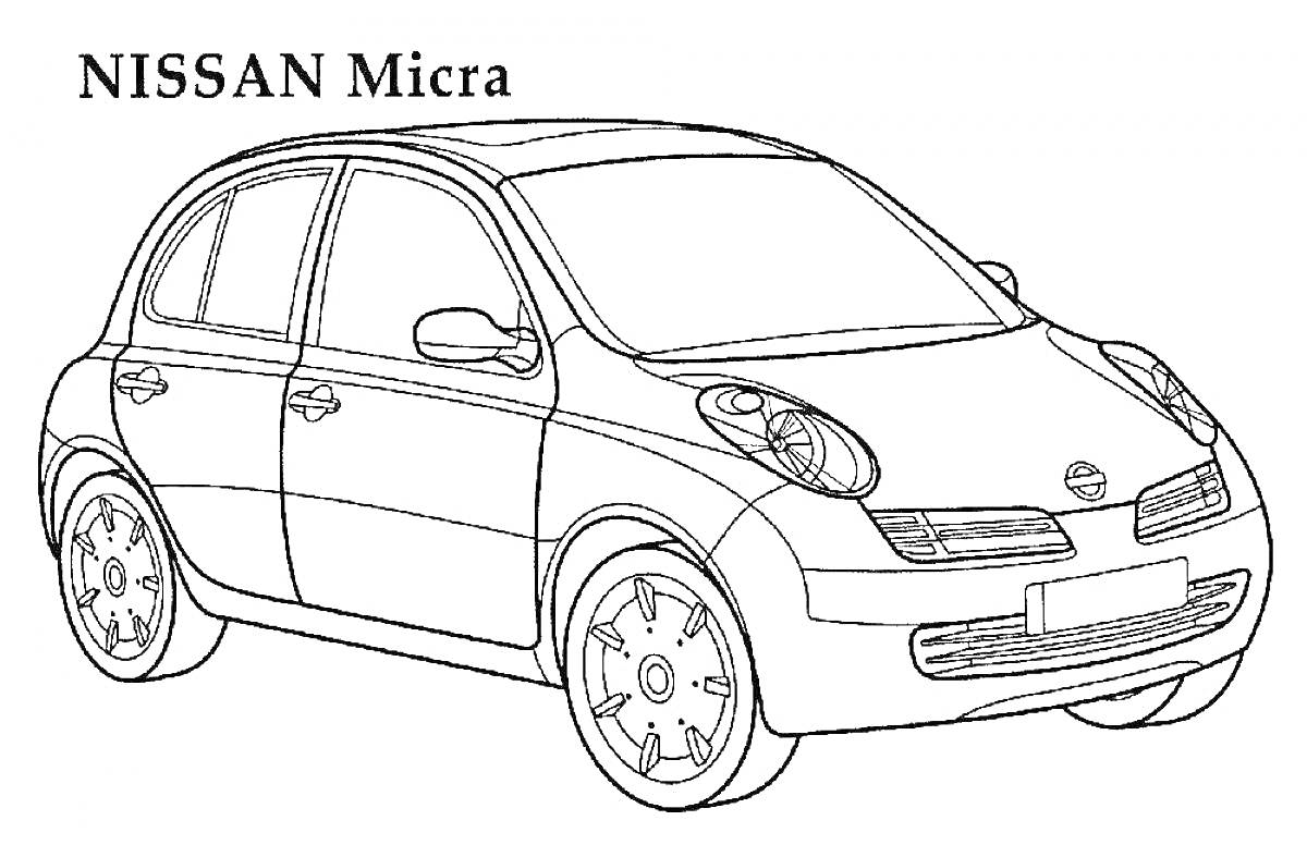 На раскраске изображено: Nissan, Транспорт, Колеса, Окна, Фары, Зеркало, Дверь, Авто
