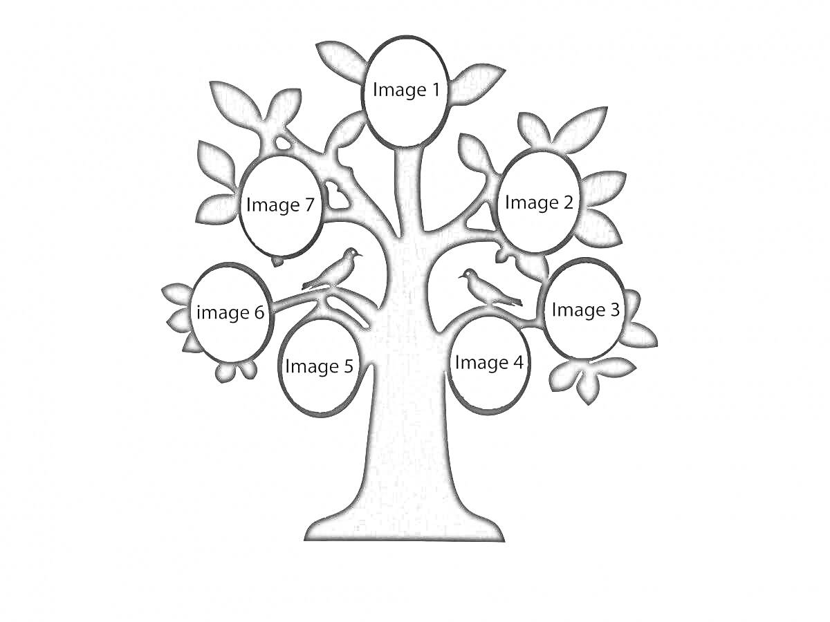 Семейное дерево с семью овальными рамками для фотографий и рисунков птиц на ветвях