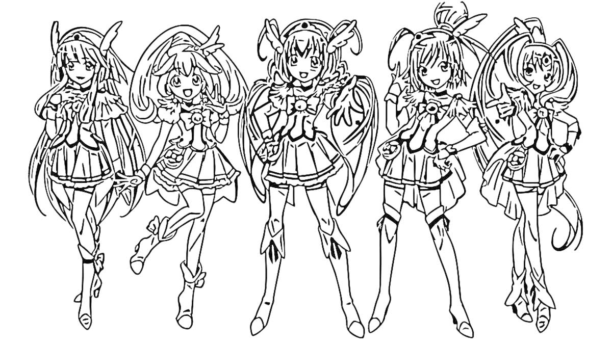 Раскраска Пять девочек в стиле Гача Клуб в костюмах с различными аксессуарами и прическами