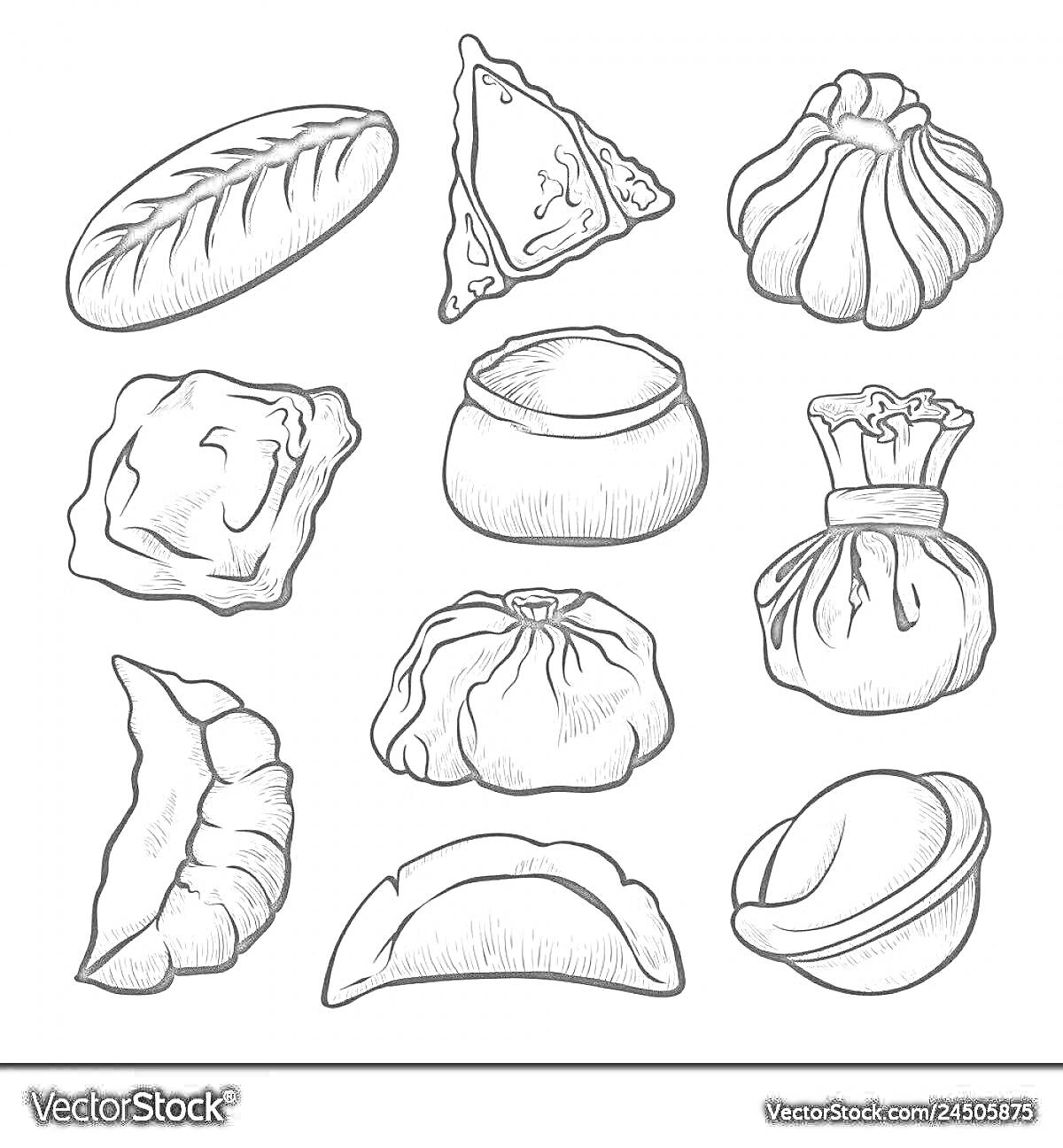 Раскраска Набор различных видов пельменей и пирожков (осетинский пирог, треугольный пирожок, хинкали, вареник, баоцзы, мант, позы, японский гёдза, китайский димсам)