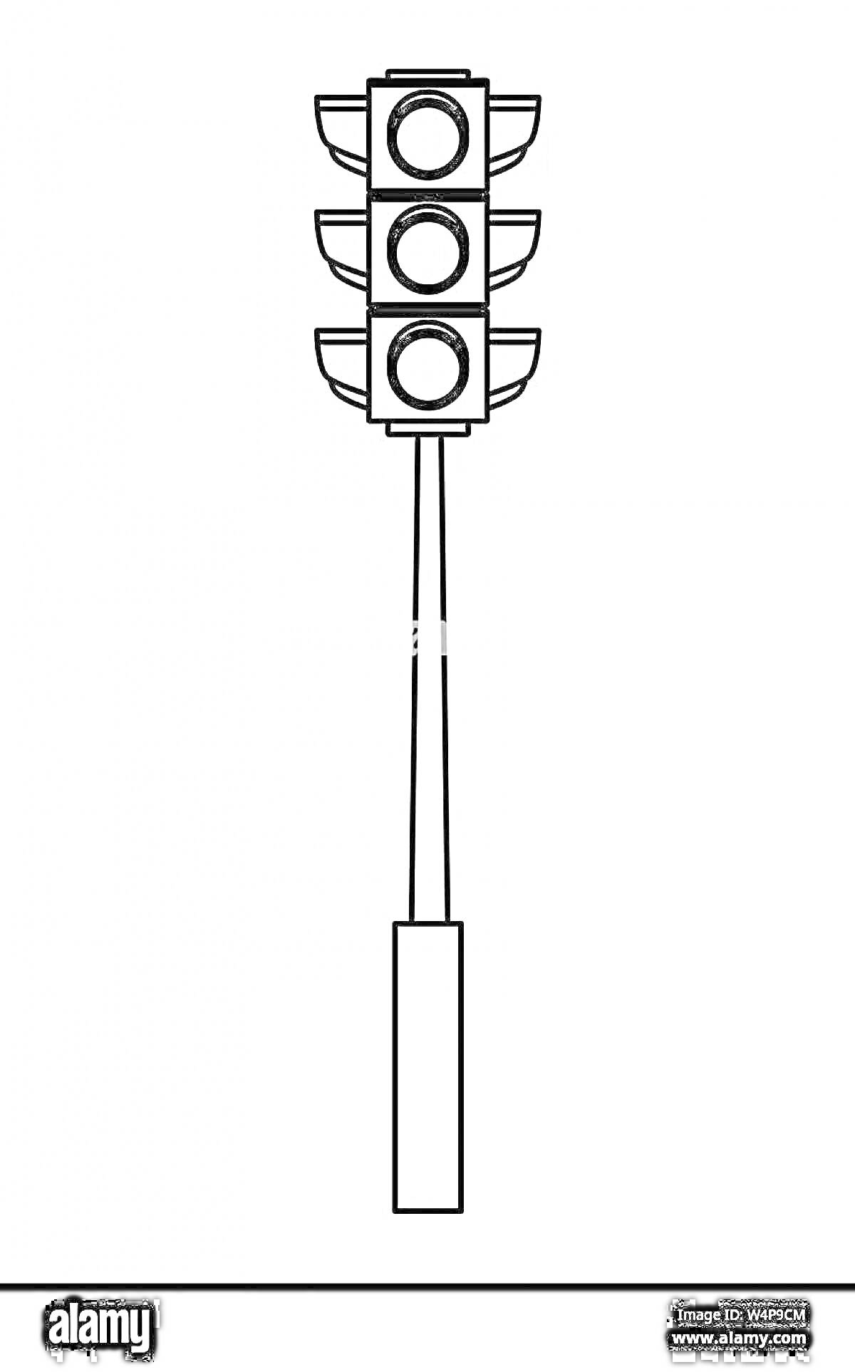 Раскраска светофор с тремя круглыми сигналами на длинной вертикальной стойке
