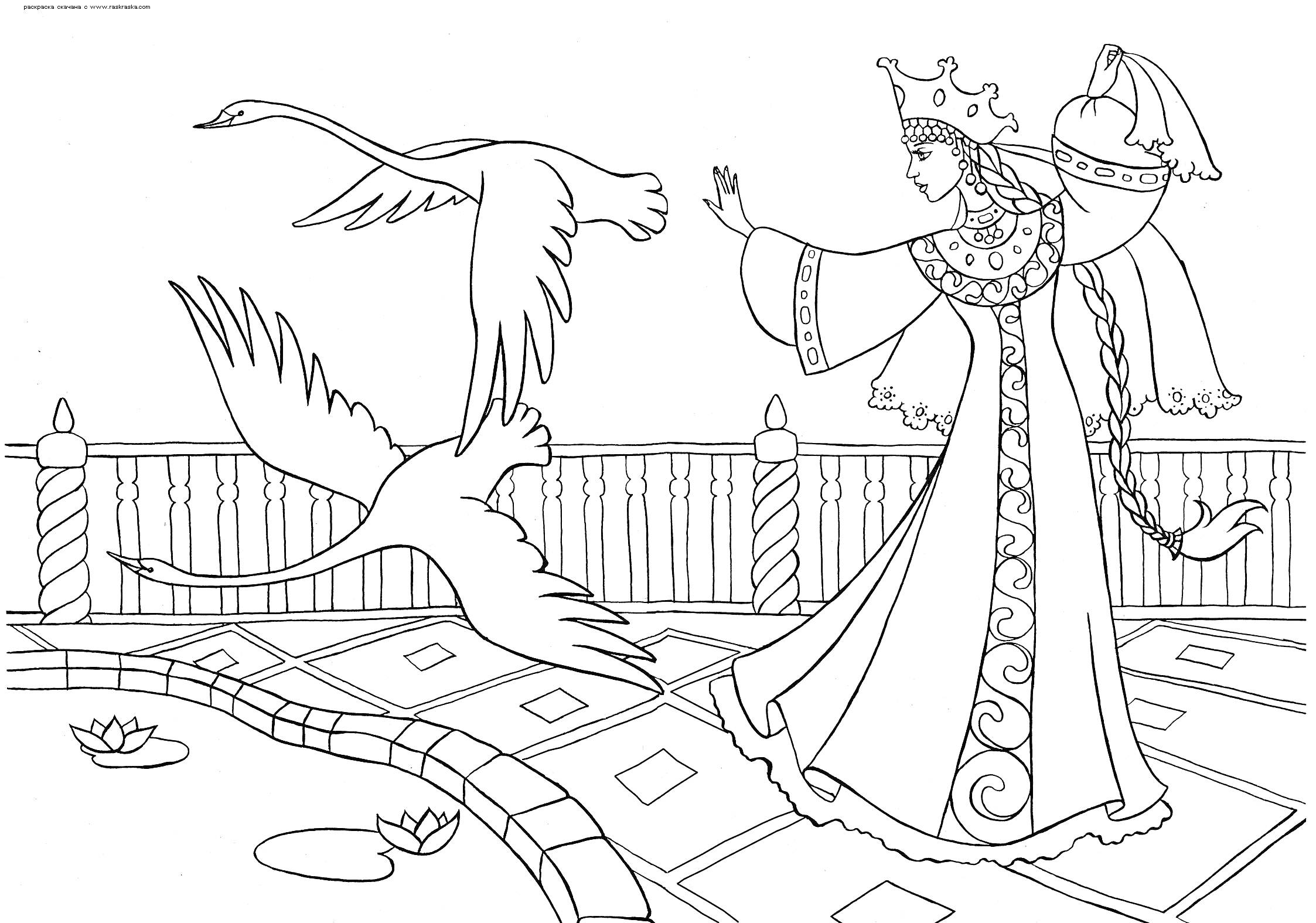 Раскраска Девушка в русском народном костюме с косой и короной на голове, машущая рукой в направлении летящих лебедей у пруда с кувшинками, на фоне ограждения.