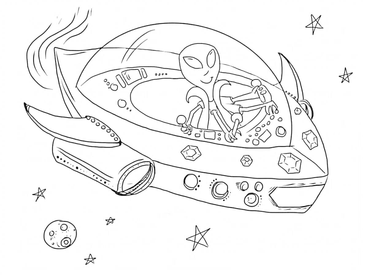 На раскраске изображено: Космический корабль, Панель управления, Звезды, Космос