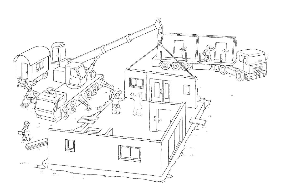 На раскраске изображено: Дом, Подъемный кран, Строительство, Техника