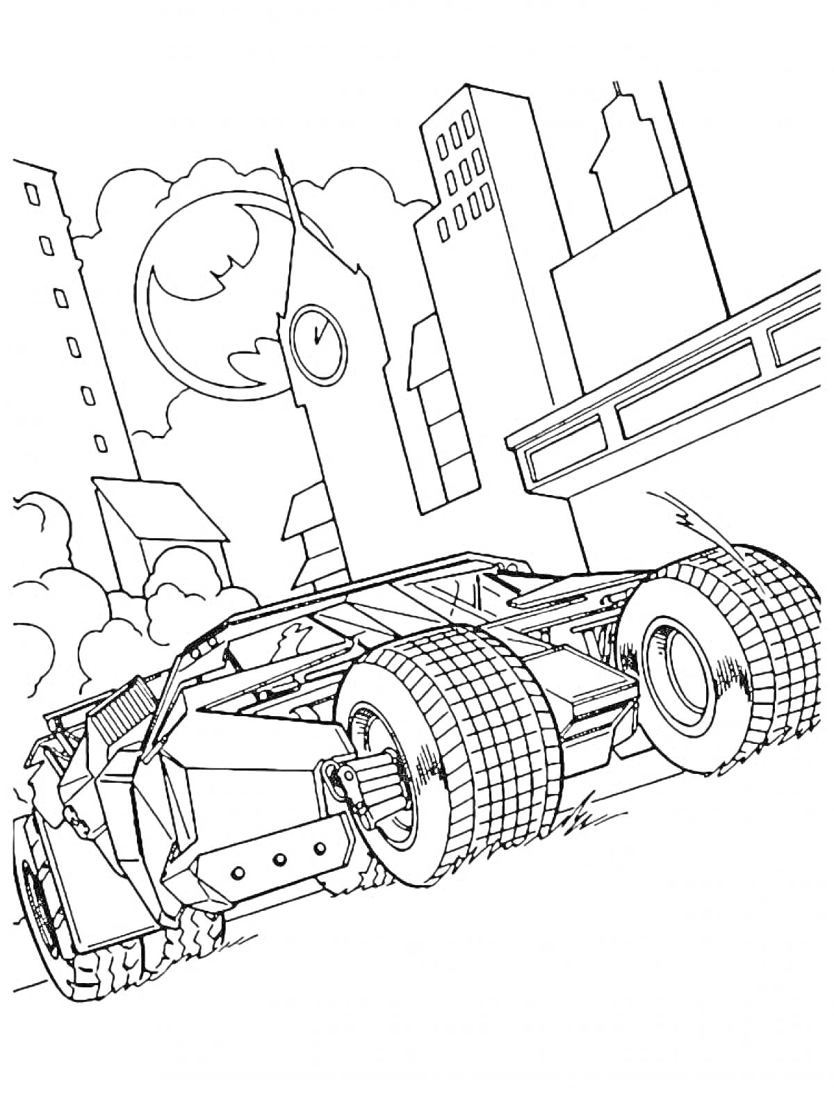 Раскраска Бэтмобиль на фоне городских зданий и символа Бэтмена на небе