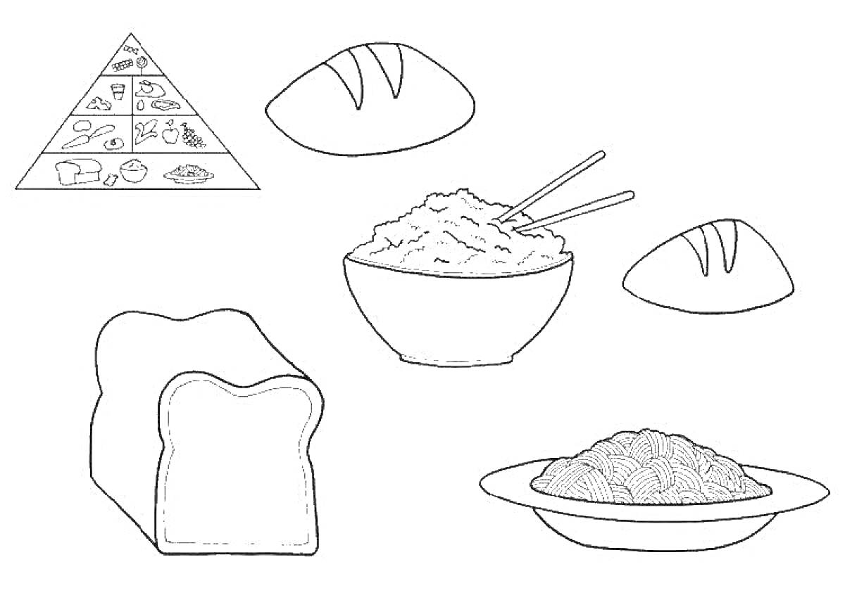 Раскраска Пищевая пирамида, две булочки, миска с едой и палочками, ломтик белого хлеба, тарелка с едой