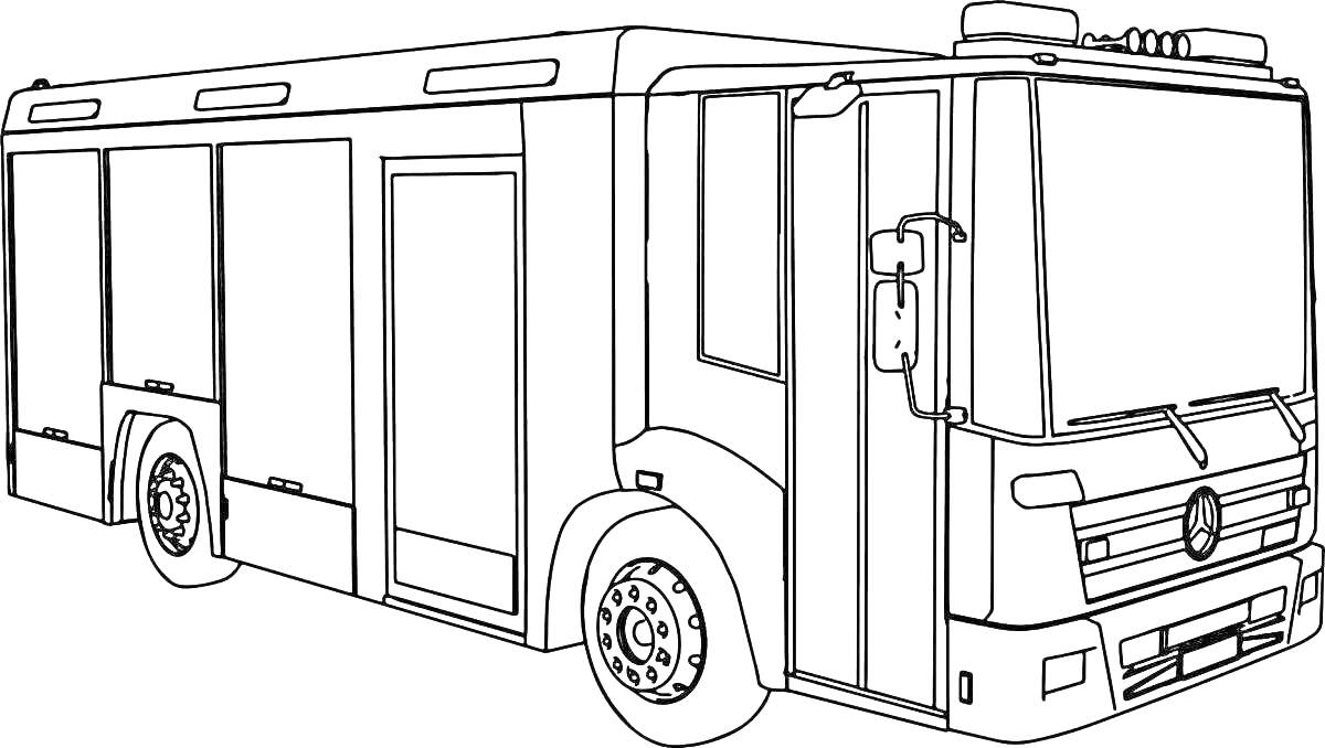 Раскраска Полицейский автобус с закрытыми окнами, передними и задними дверьми, боковыми панелями и деталями кузова