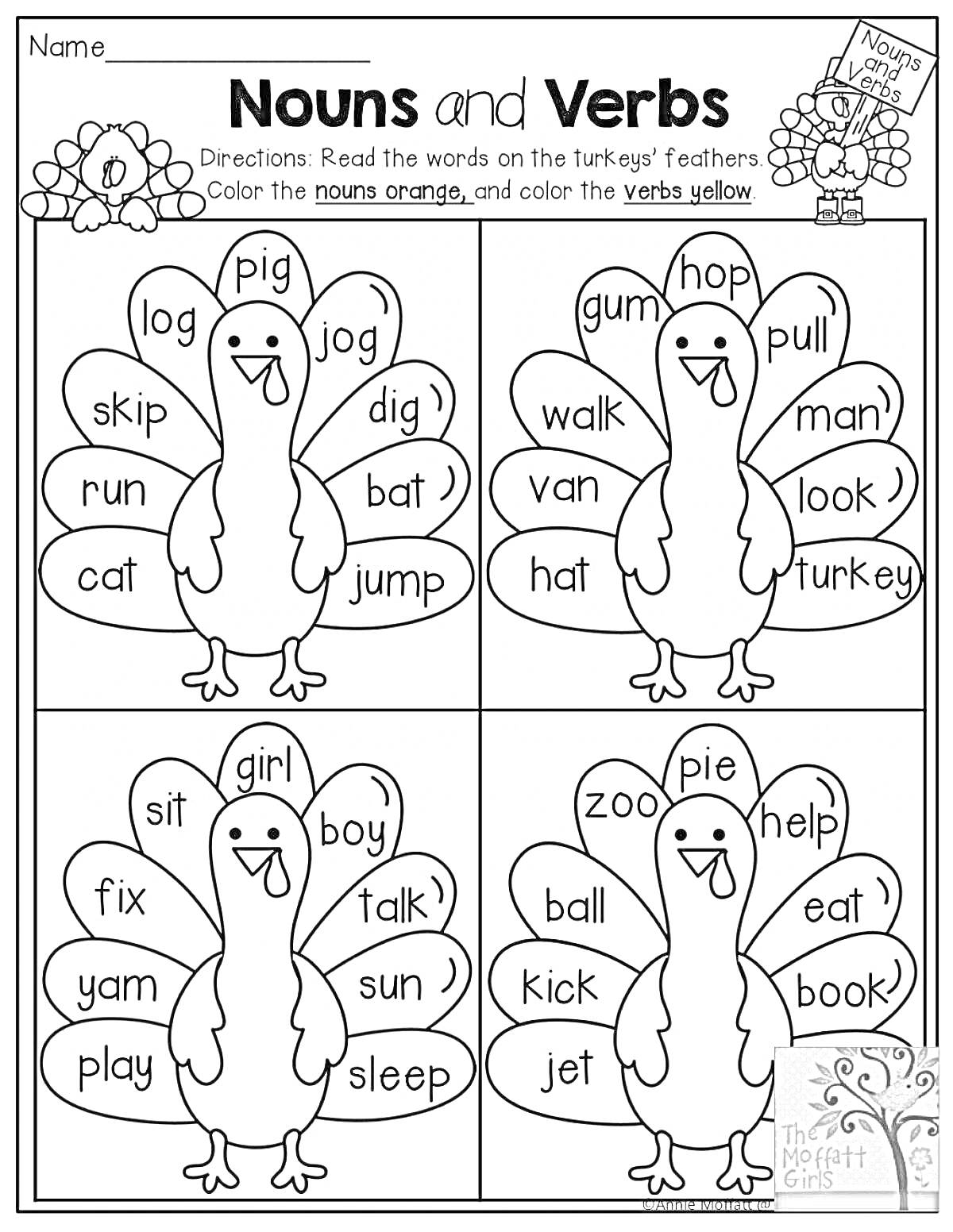 Раскраска Лист для раскраски с изображением четырех индюков и словами на перьях. Слова включают существительные и глаголы.
