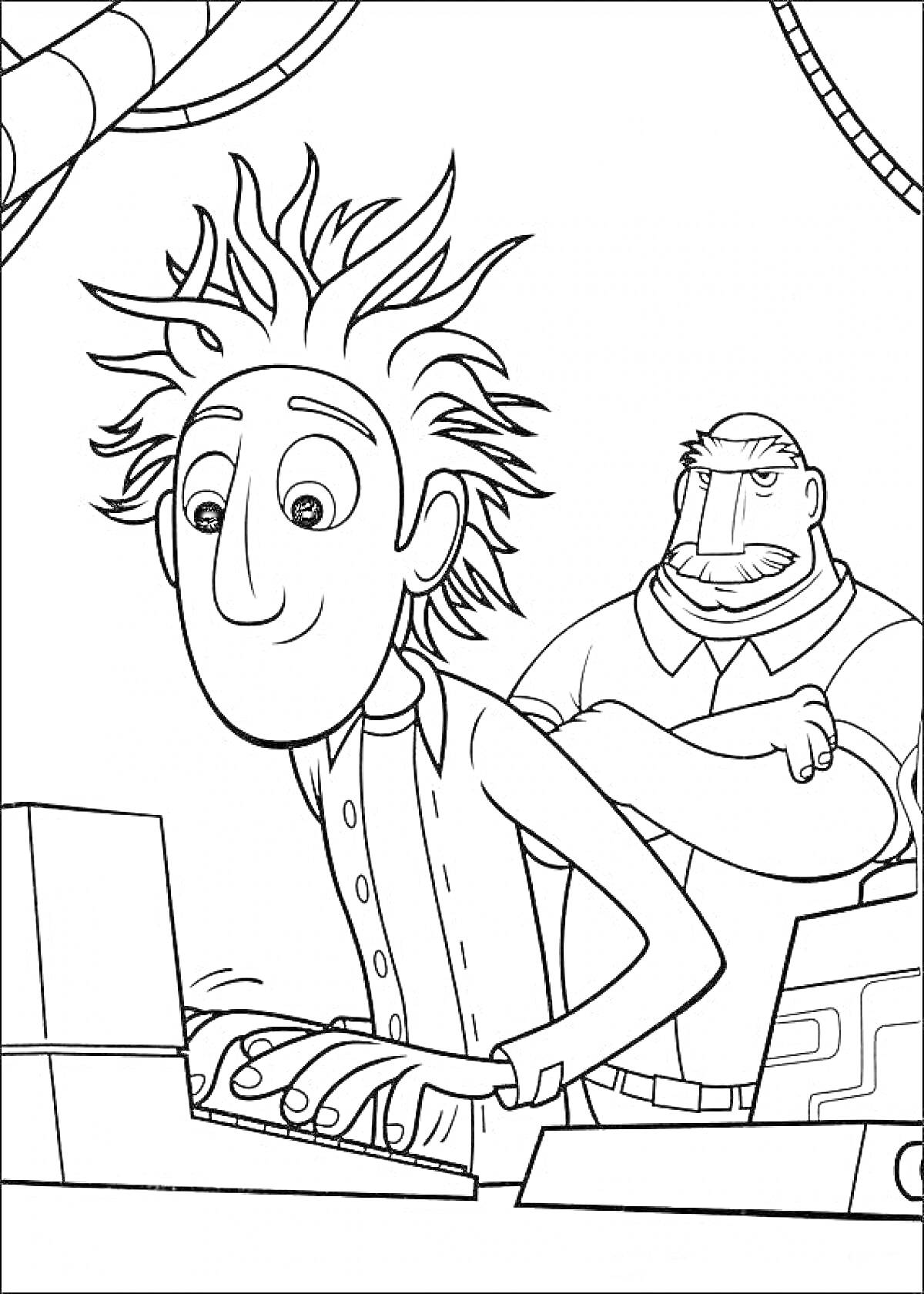 Человек с растрёпанными волосами за компьютером и мужчина с усами на заднем фоне