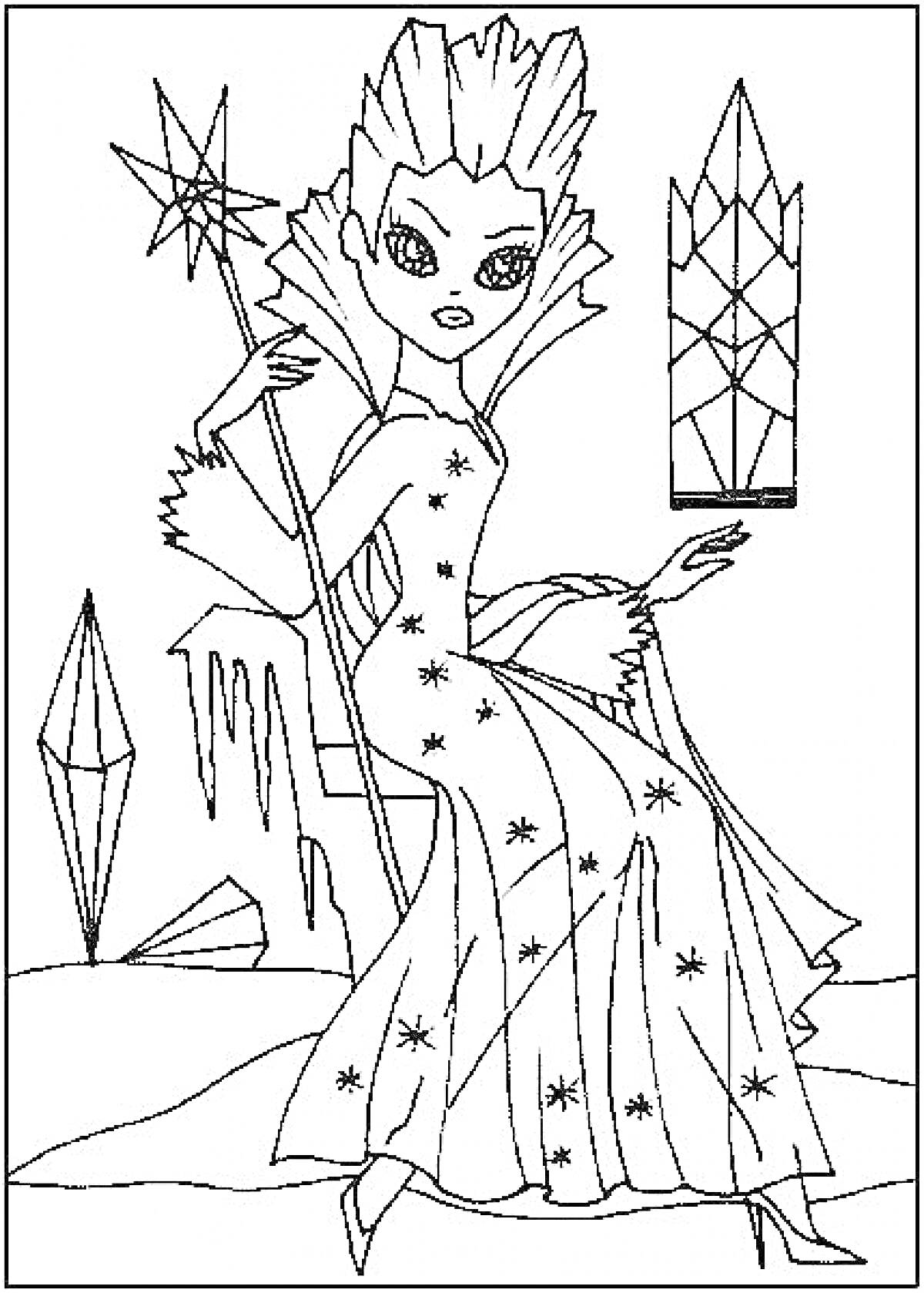 Раскраска Снежная королева с посохом на фоне ледяного замка и кристаллов