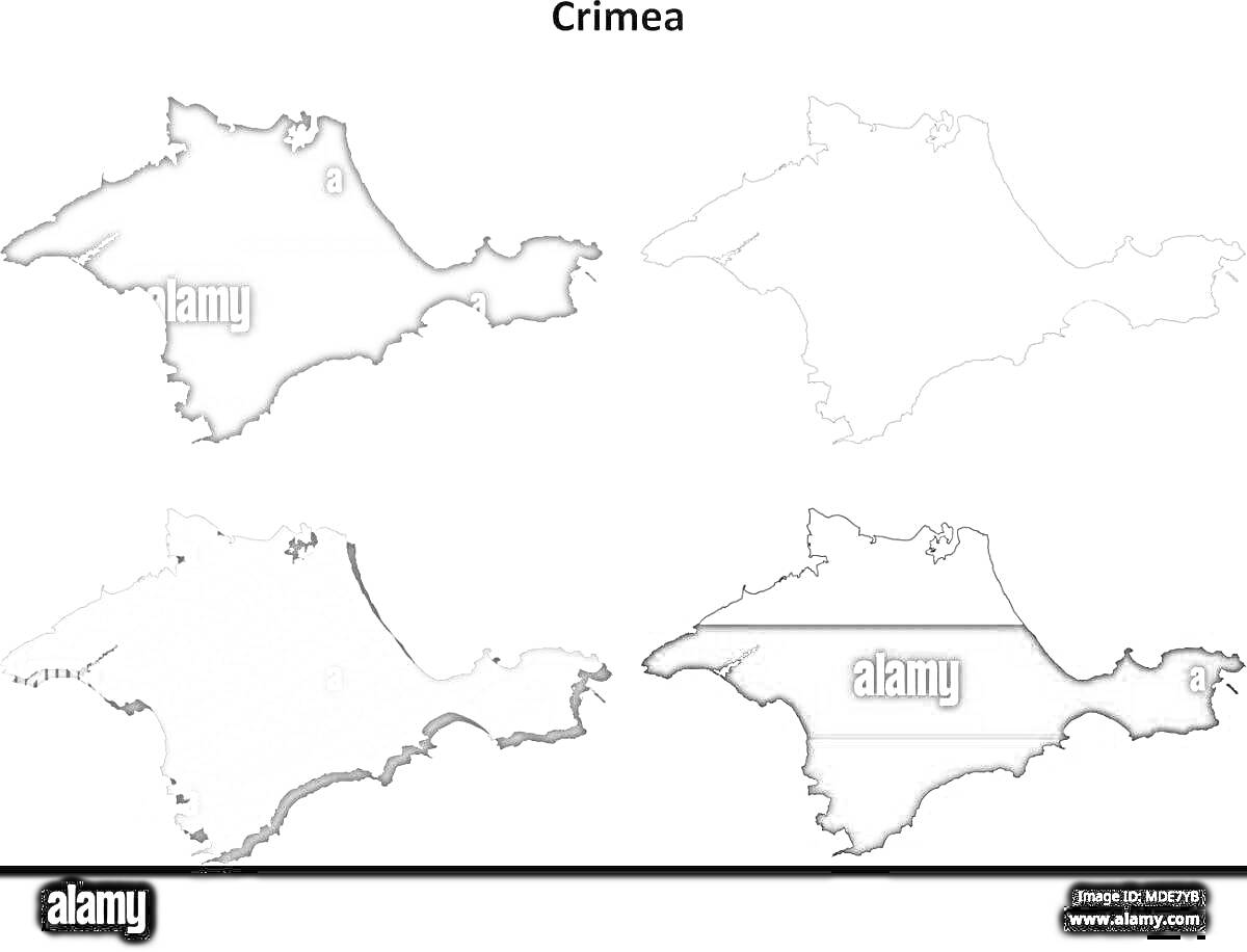 Раскраска Варианты карт полуострова Крым: темная карта, контурная карта, светлая карта, черно-серая карта