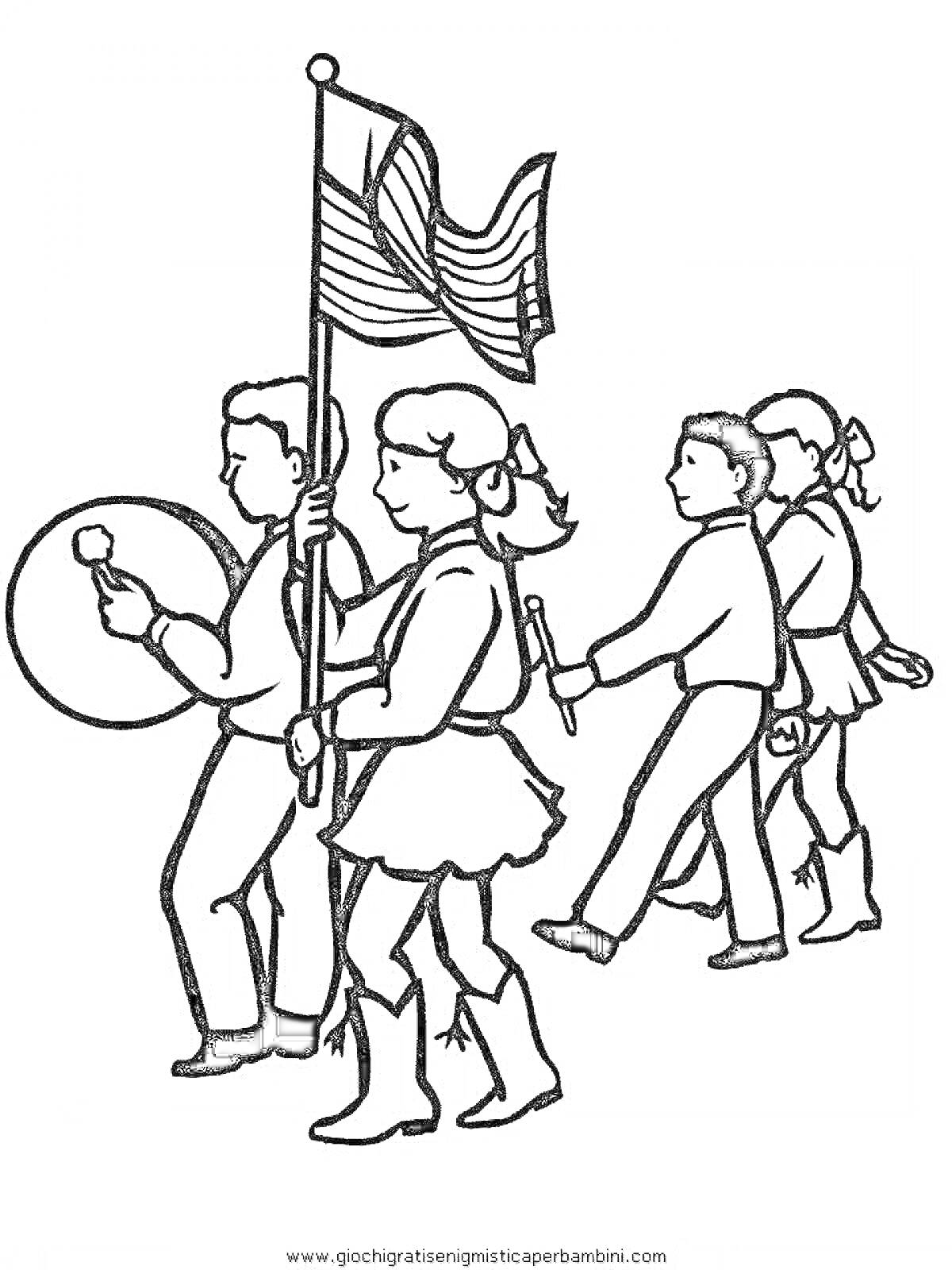 На раскраске изображено: Парад, Флаг, Барабан, Марш, Патриотизм, Шествие
