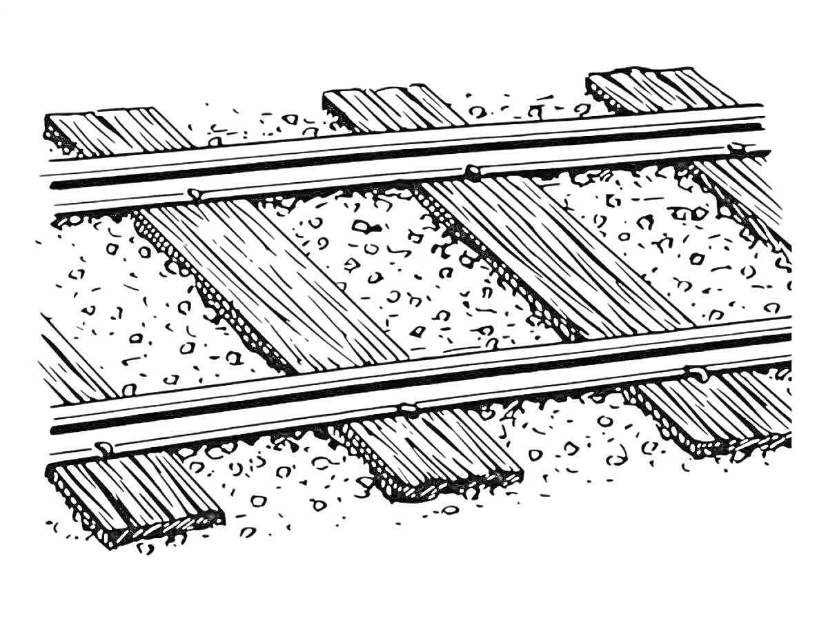 На раскраске изображено: Железная дорога, Рельсы, Древесина, Гравий, Транспорт