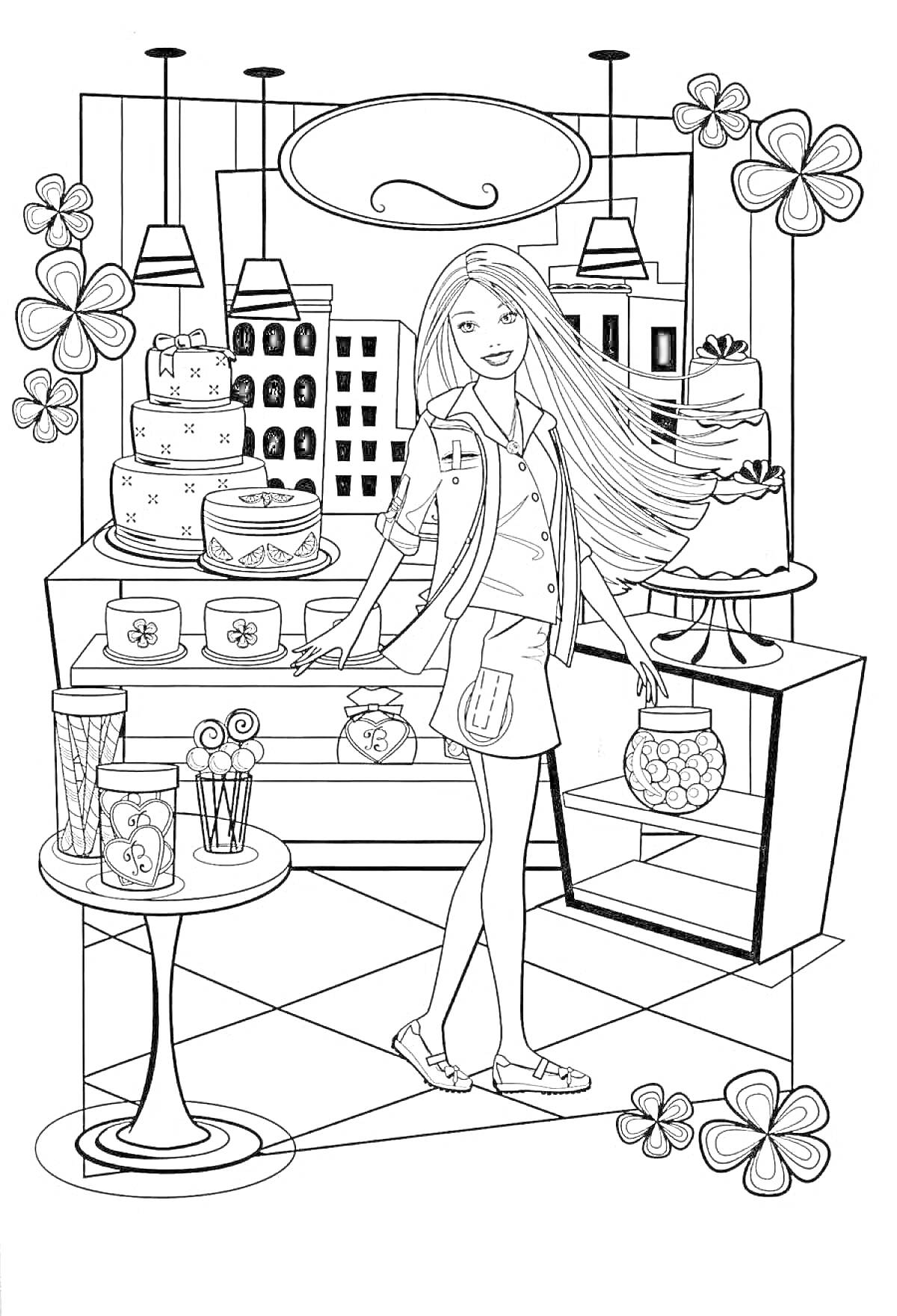 Раскраска Барби доктор в кондитерской с тортами, пирожными и цветами