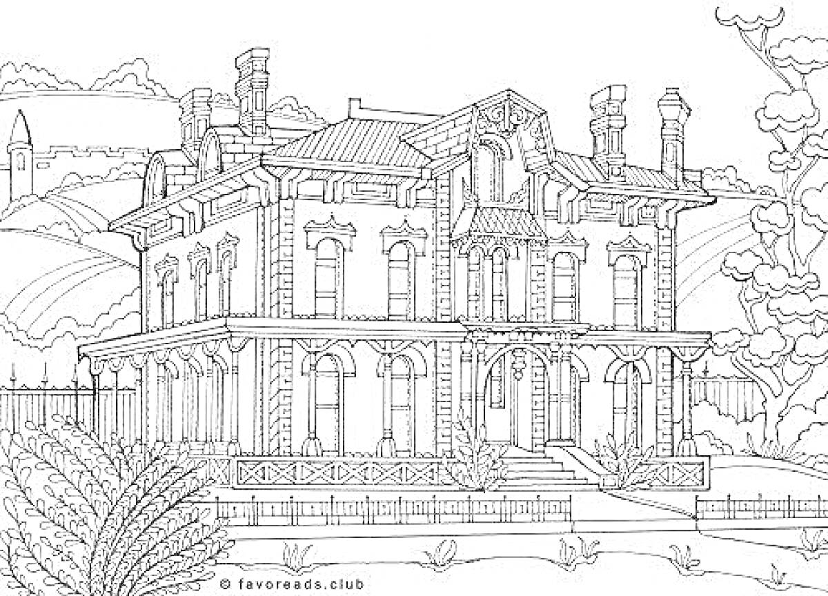 На раскраске изображено: Особняк, Крыша, Дымоходы, Окна, Лестница, Сад, Деревья, Горы, Природа