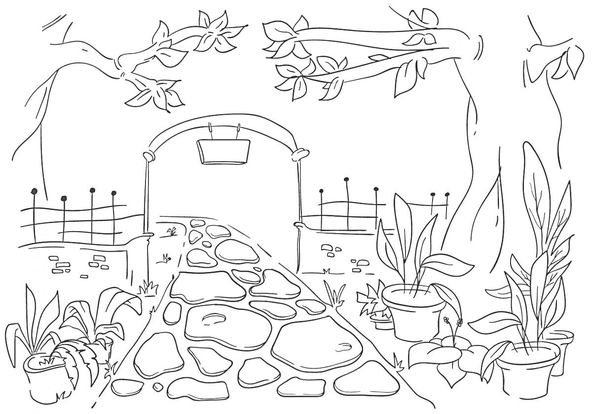 Раскраска Сад с каменной дорожкой, деревьями и растениями в горшках