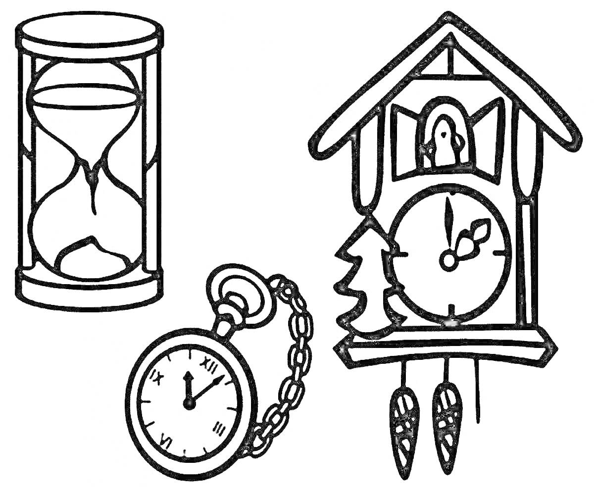На раскраске изображено: Часы, Песочные часы, Время, Для детей, Деревья