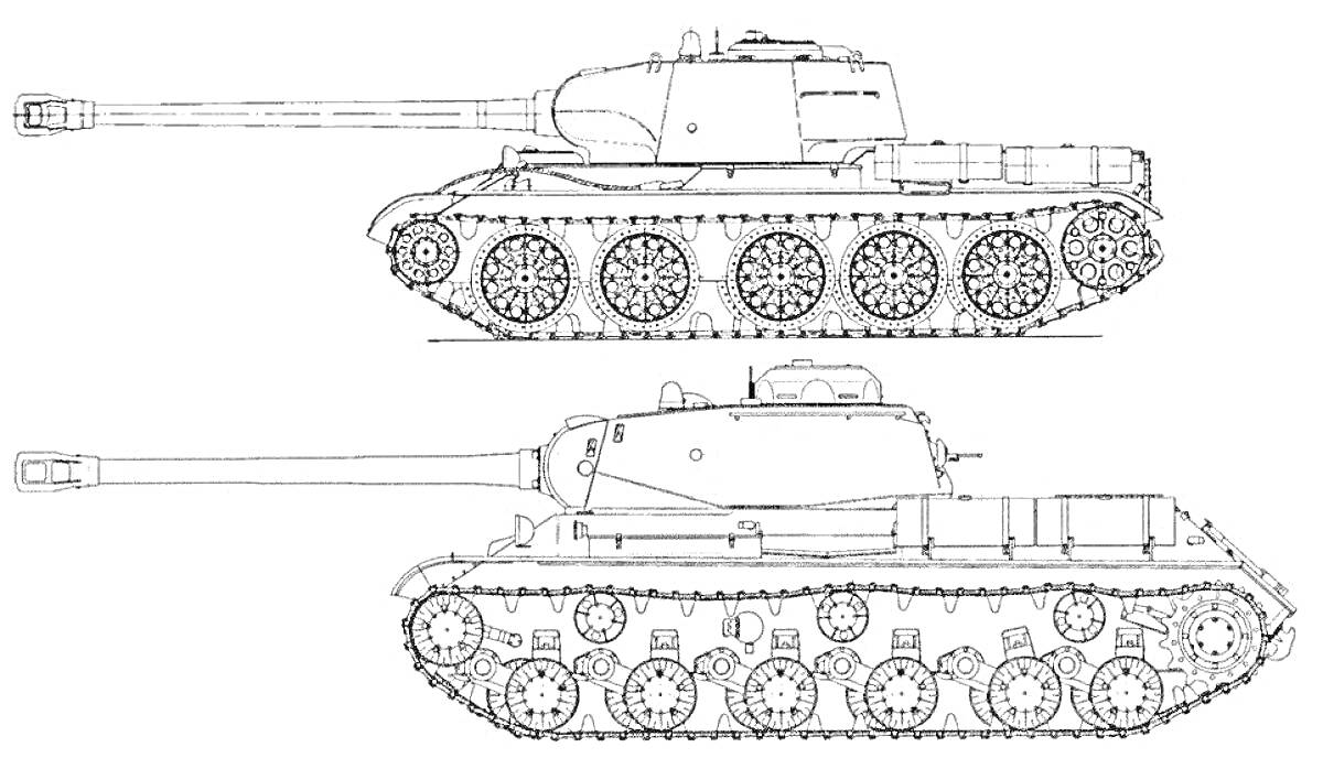 Раскраска Силуэты двух тяжёлых танков ИС 44 в профиль