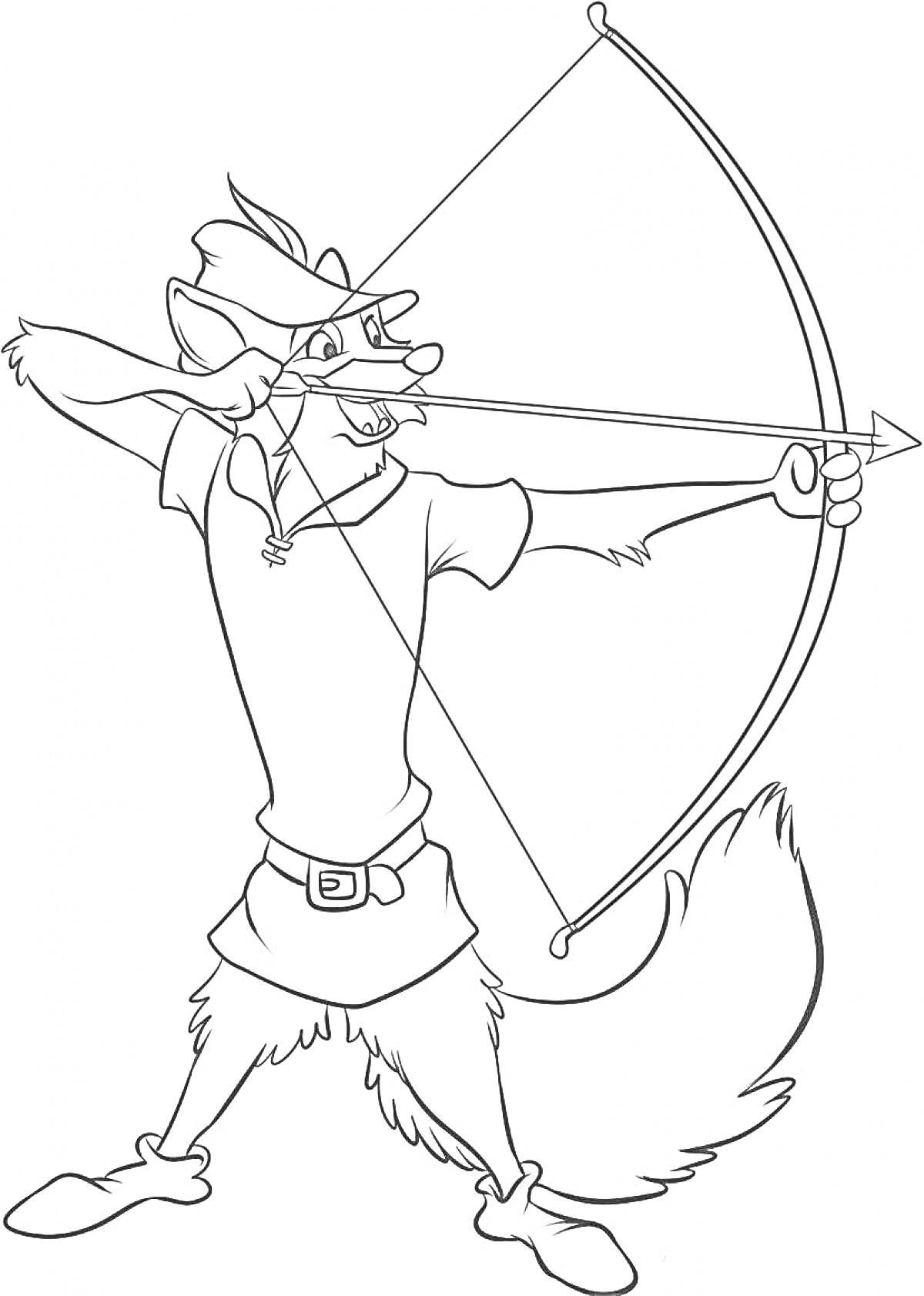 Лисица Робин Гуд с луком и стрелой готовится к выстрелу