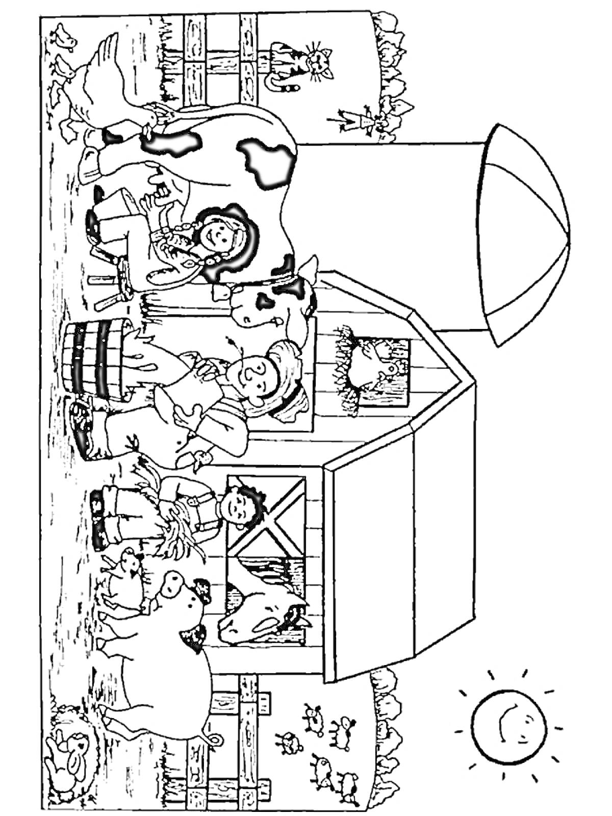Раскраска Ферма с коровами, петухом, утками, трактором, собаками, детьми, курятником, домом и солнцем