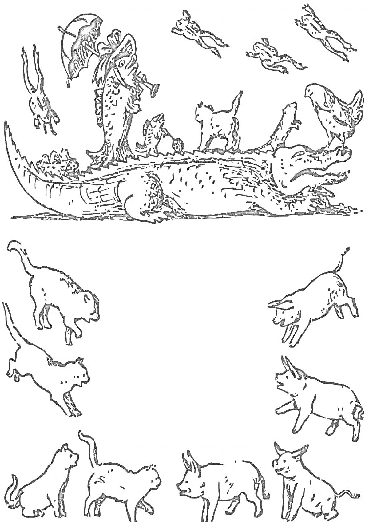 Раскраска Крокодил с собакой на спине, собакой с зонтом, летящими рыбками и кружком из кошек