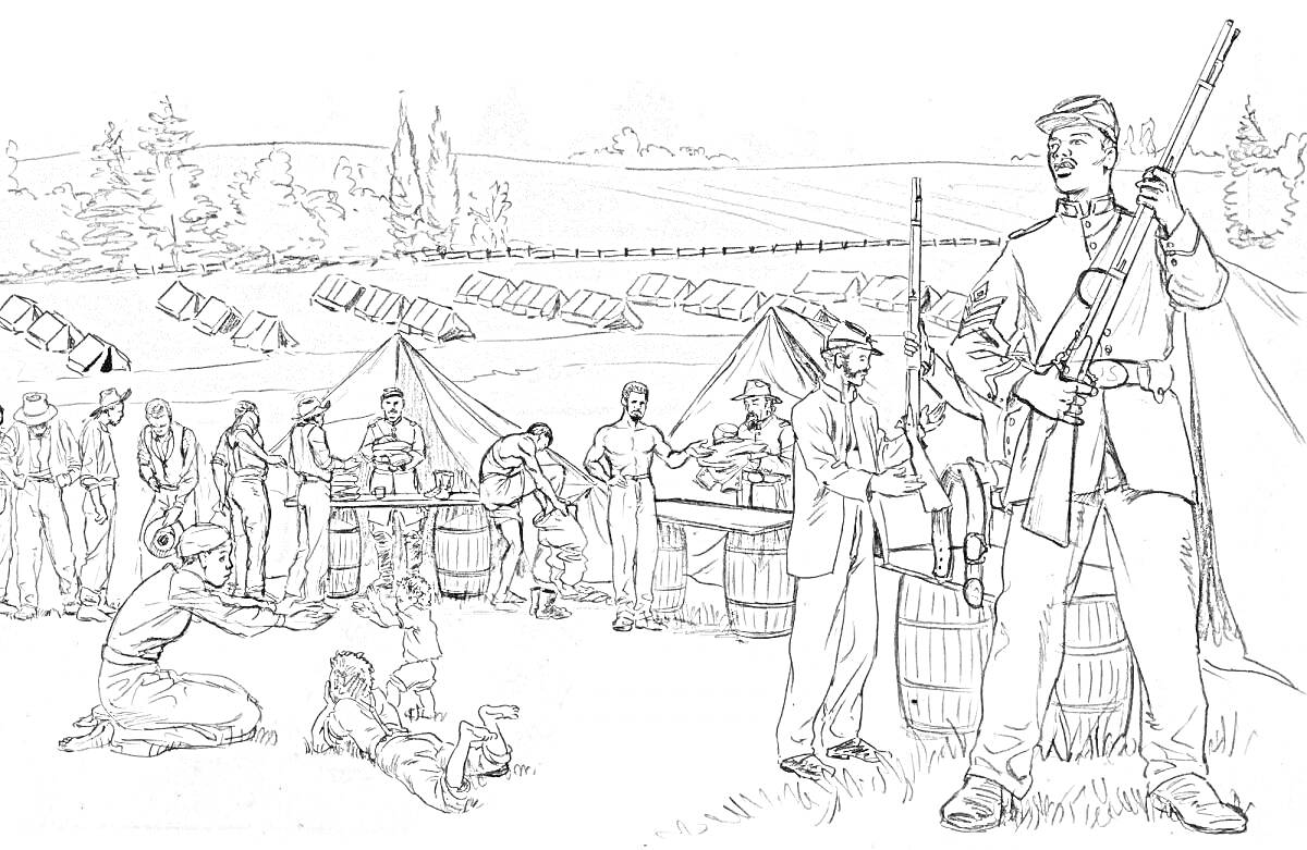 Раскраска Солдатский лагерь во времена войны с палатками, солдатами, оружием, барабанами и людьми в повседневных делах