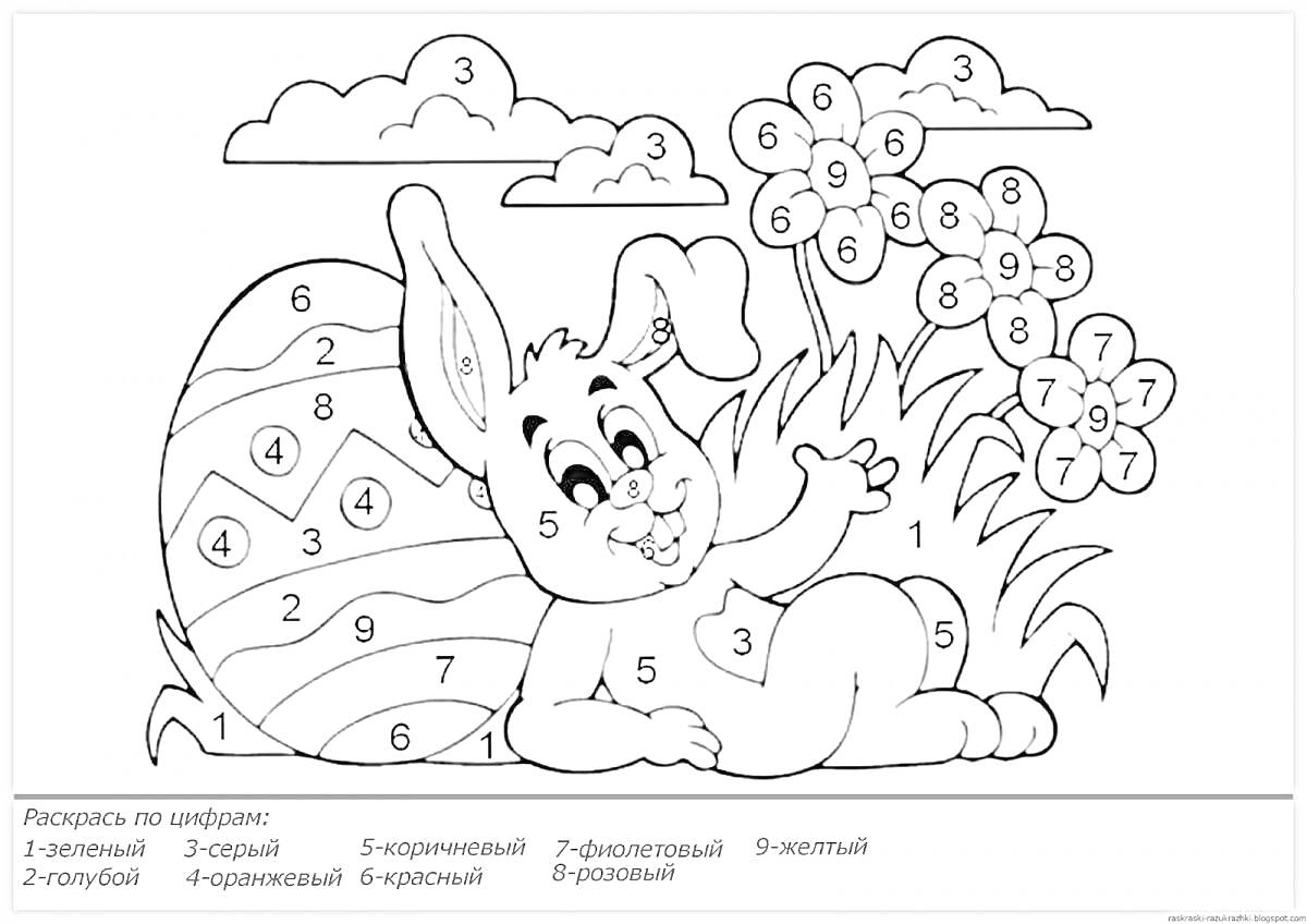 Раскраска Зайчик с пасхальным яйцом и цветами