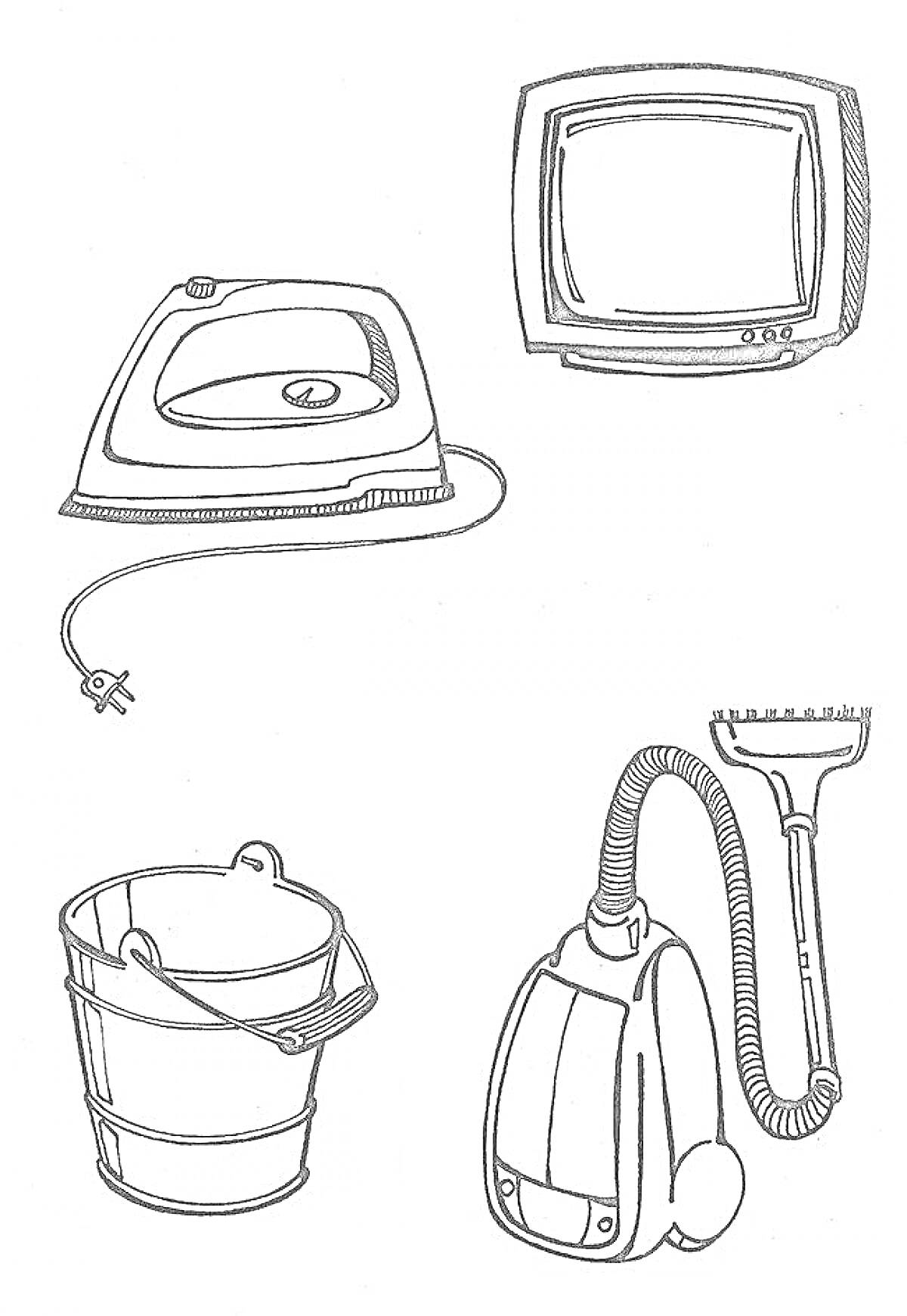 Раскраска Утюг, телевизор, ведро и пылесос