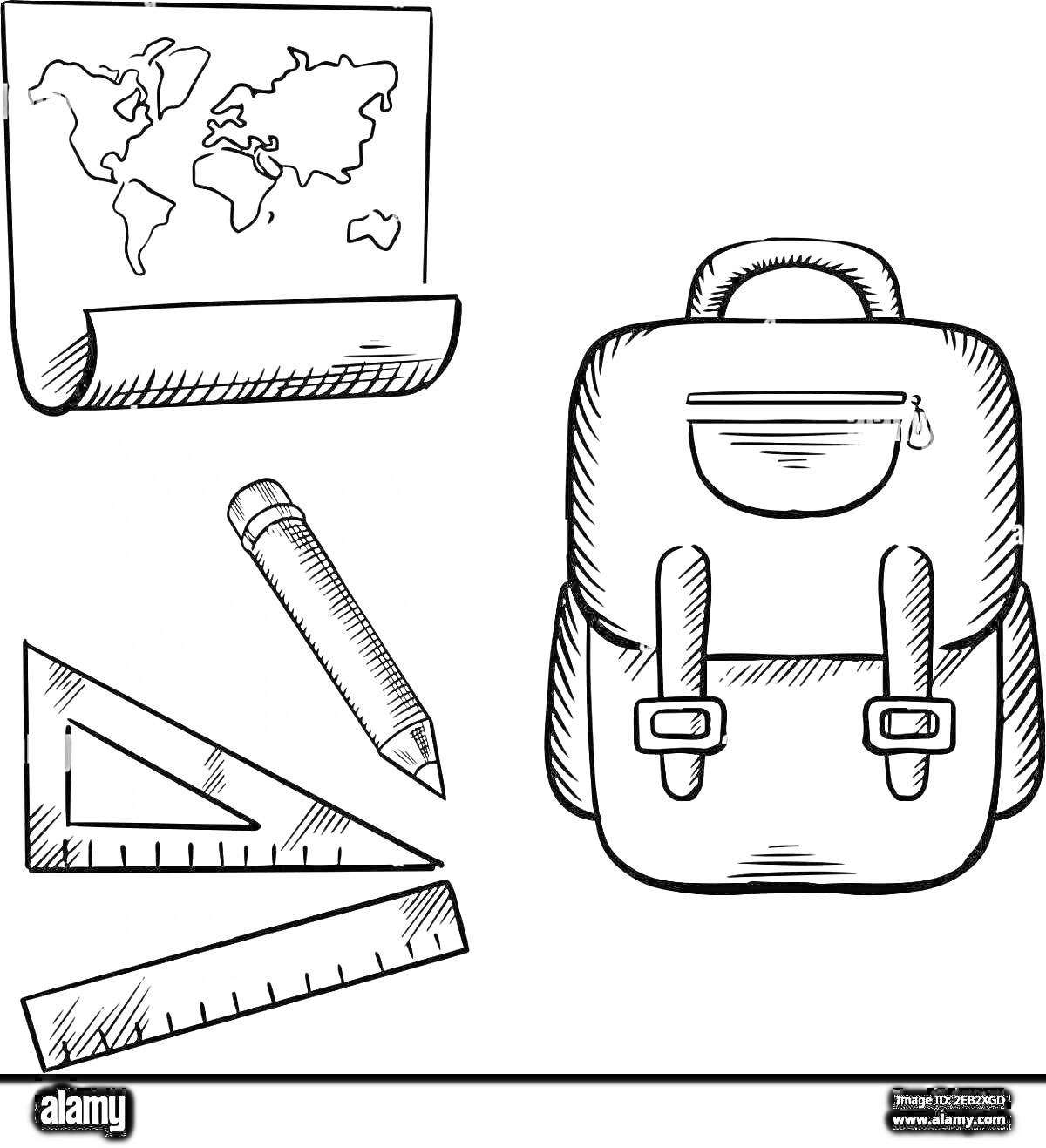 На раскраске изображено: Карта мира, Рюкзак, Линейка, Школьные принадлежности, Учебные материалы, Контурные рисунки