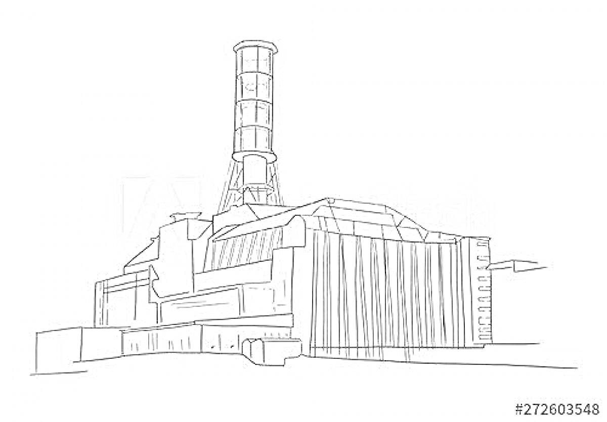 Раскраска ЧАЭС, здание реактора с вентиляционной трубой и защитным саркофагом
