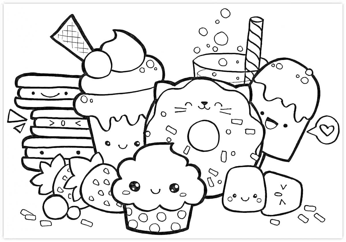 На раскраске изображено: Десерты, Макароны, Мороженое, Капкейк, Пончик, Клубника, Сладости, Мило, Для детей