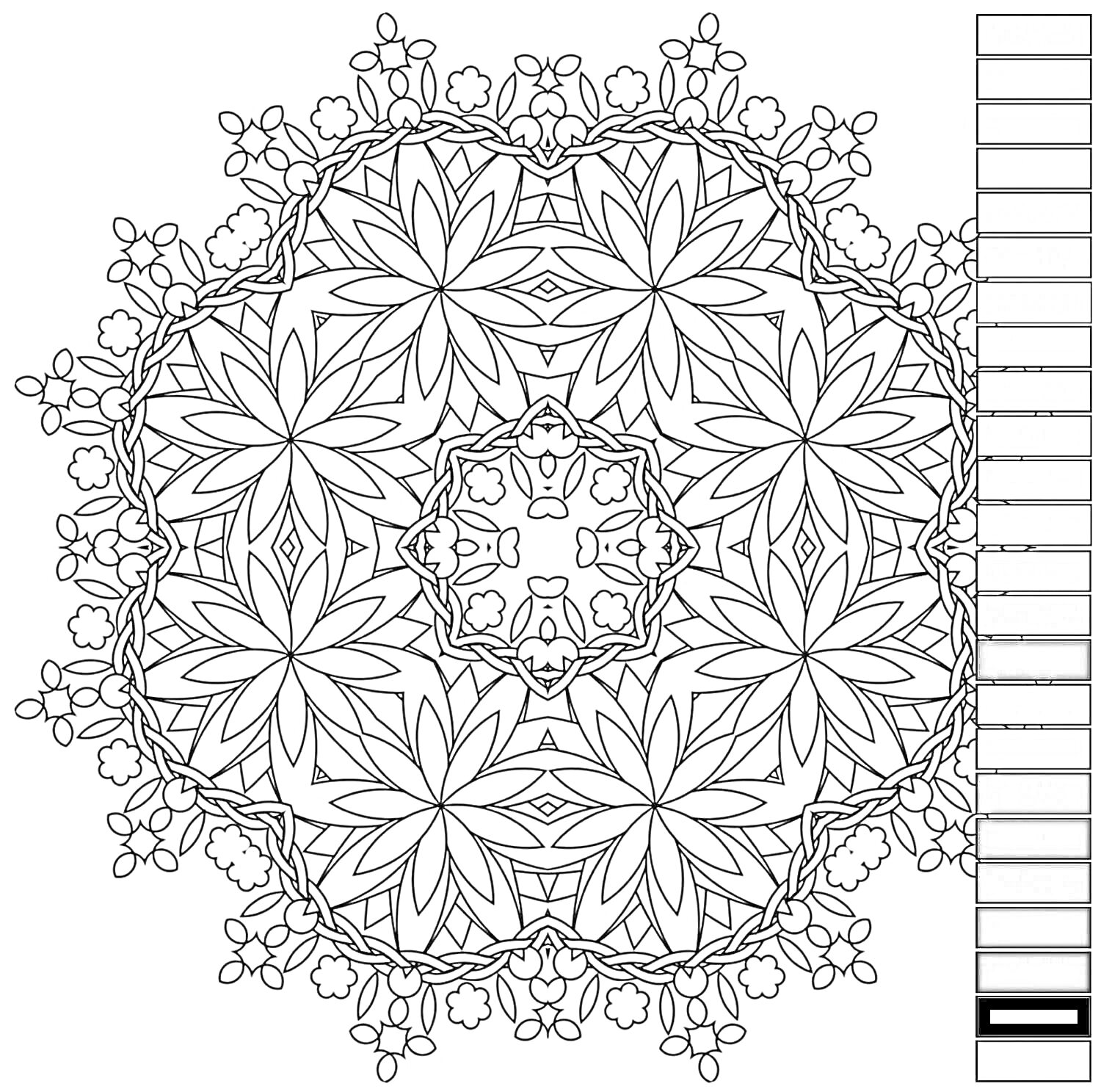 На раскраске изображено: По номерам, Мандала, Цветы, Узоры, Терапия, Расслабление, Творчество
