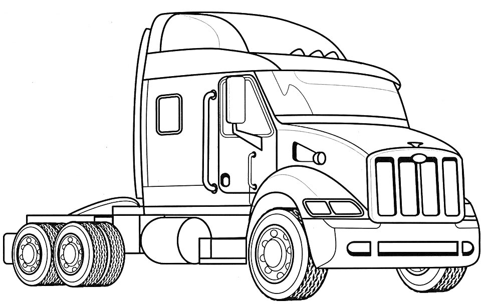 Раскраска Грузовая фура с кабиной и двумя осями на задних колесах