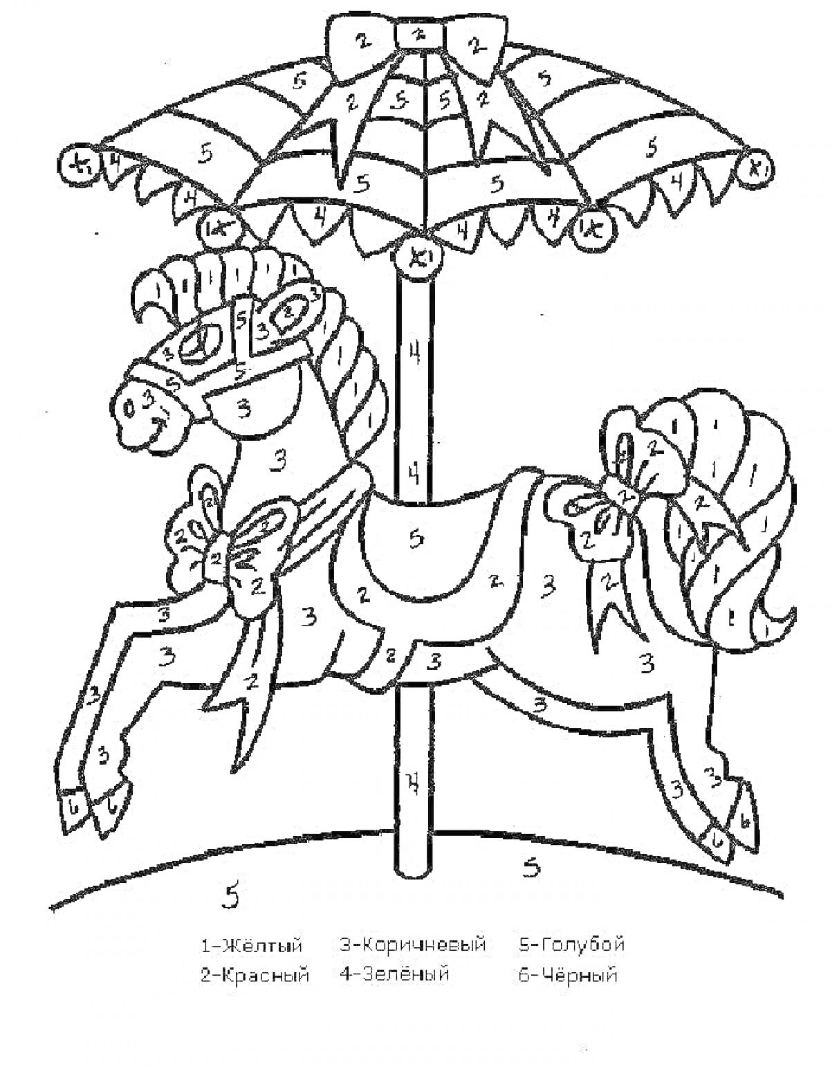 Раскраска Лошадь на карусели под зонтом, раскраска по номерам с элементами: грива, хвост, бантики, карусель, зонт.