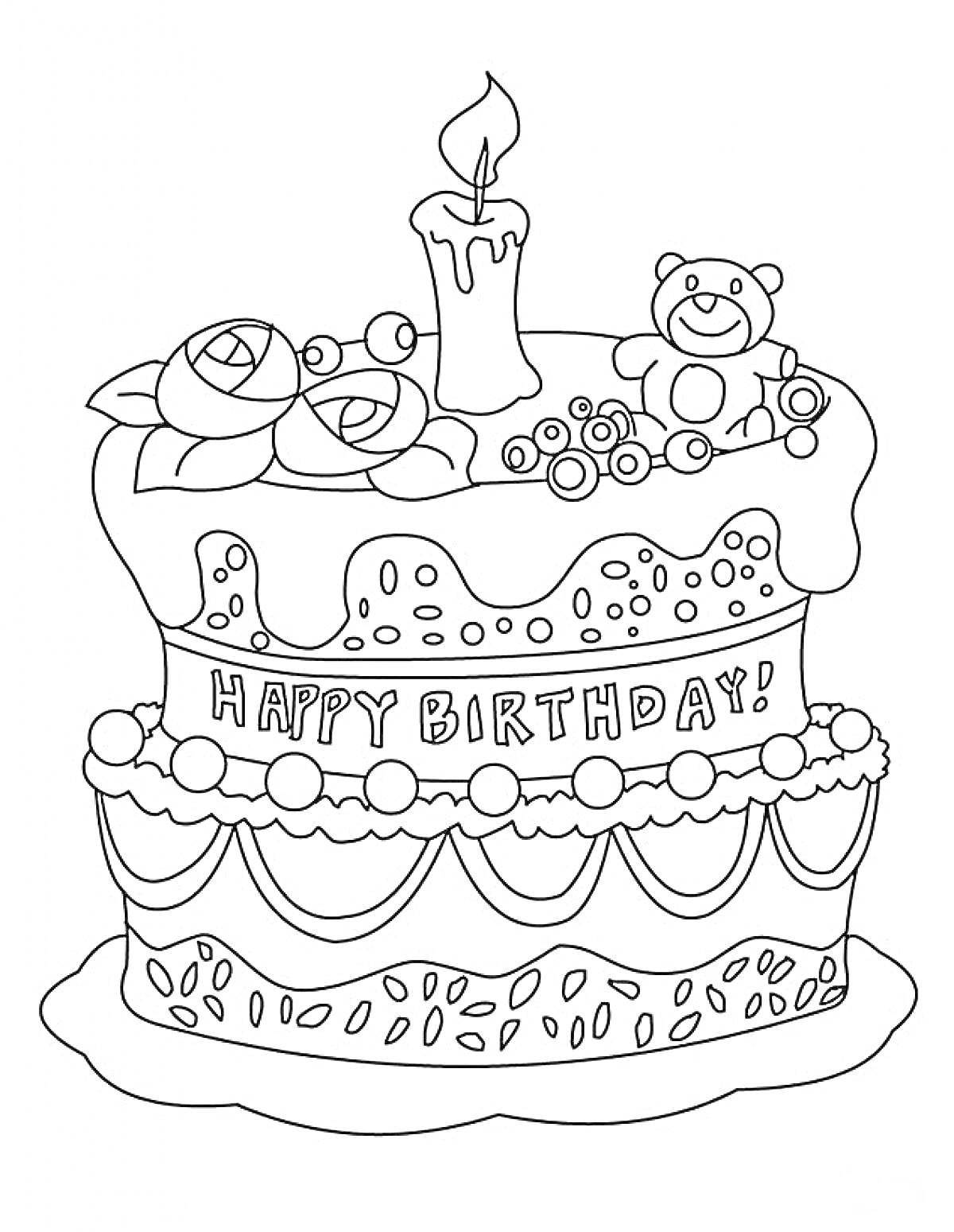 Раскраска Торт на день рождения с надписью 