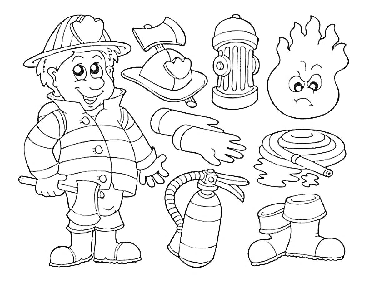 Раскраска Пожарный с оборудованием: человек в форме пожарного, огнетушитель, пожарный гидрант, шланг, каска с топором, пожарный сапог, пламенный символ