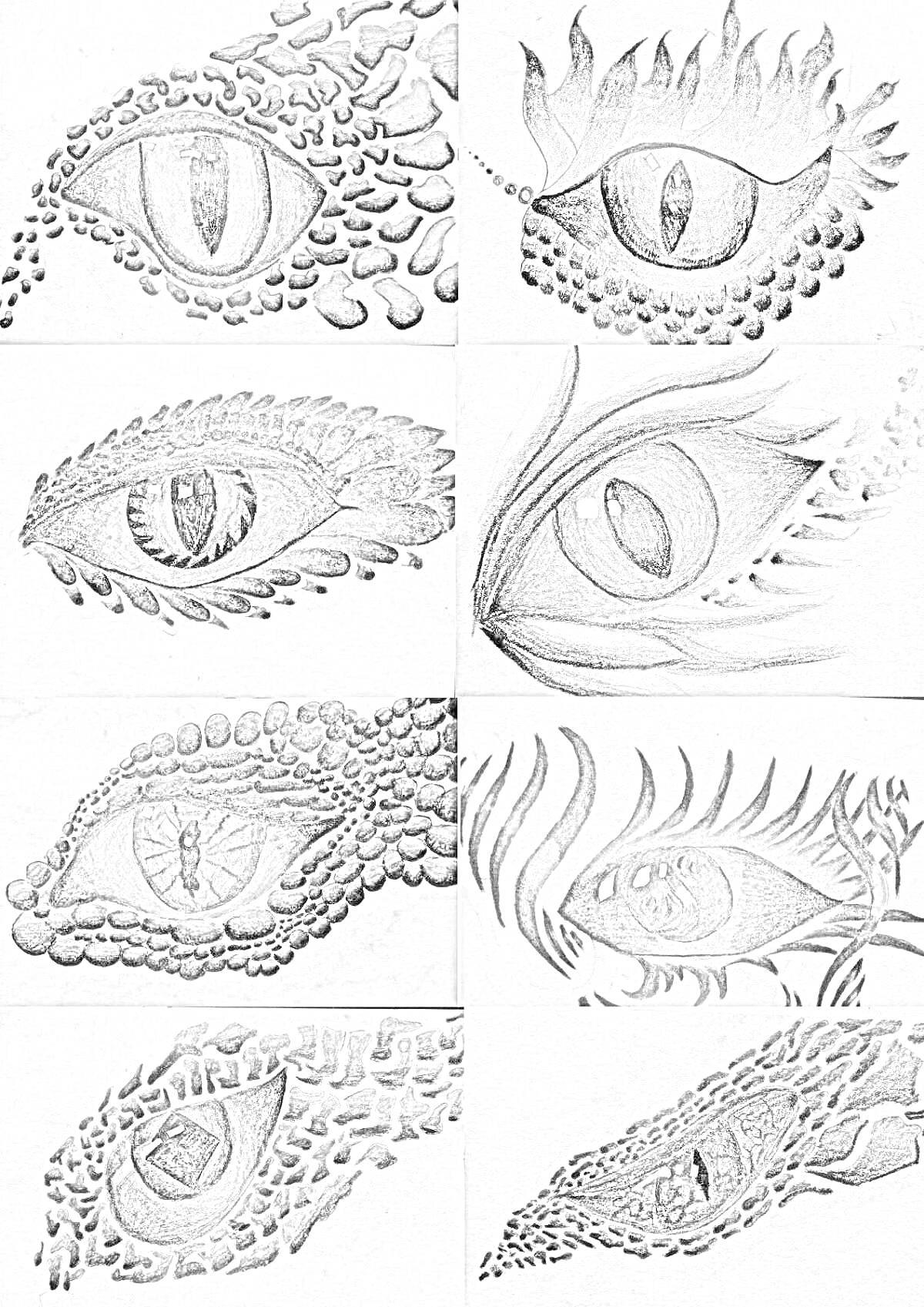 Раскраска Коллекция из восьми изображений глаз дракона с различными текстурами и стилями.