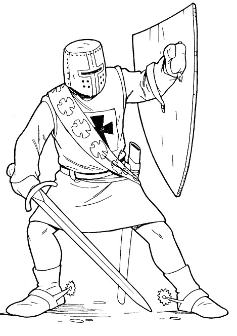 Раскраска Рыцарь в шлеме с крестом, держащий щит и меч