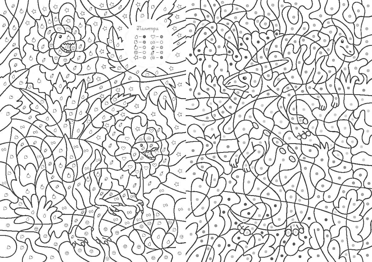 Раскраска Цветочный узор с листьями и цифрами для раскрашивания