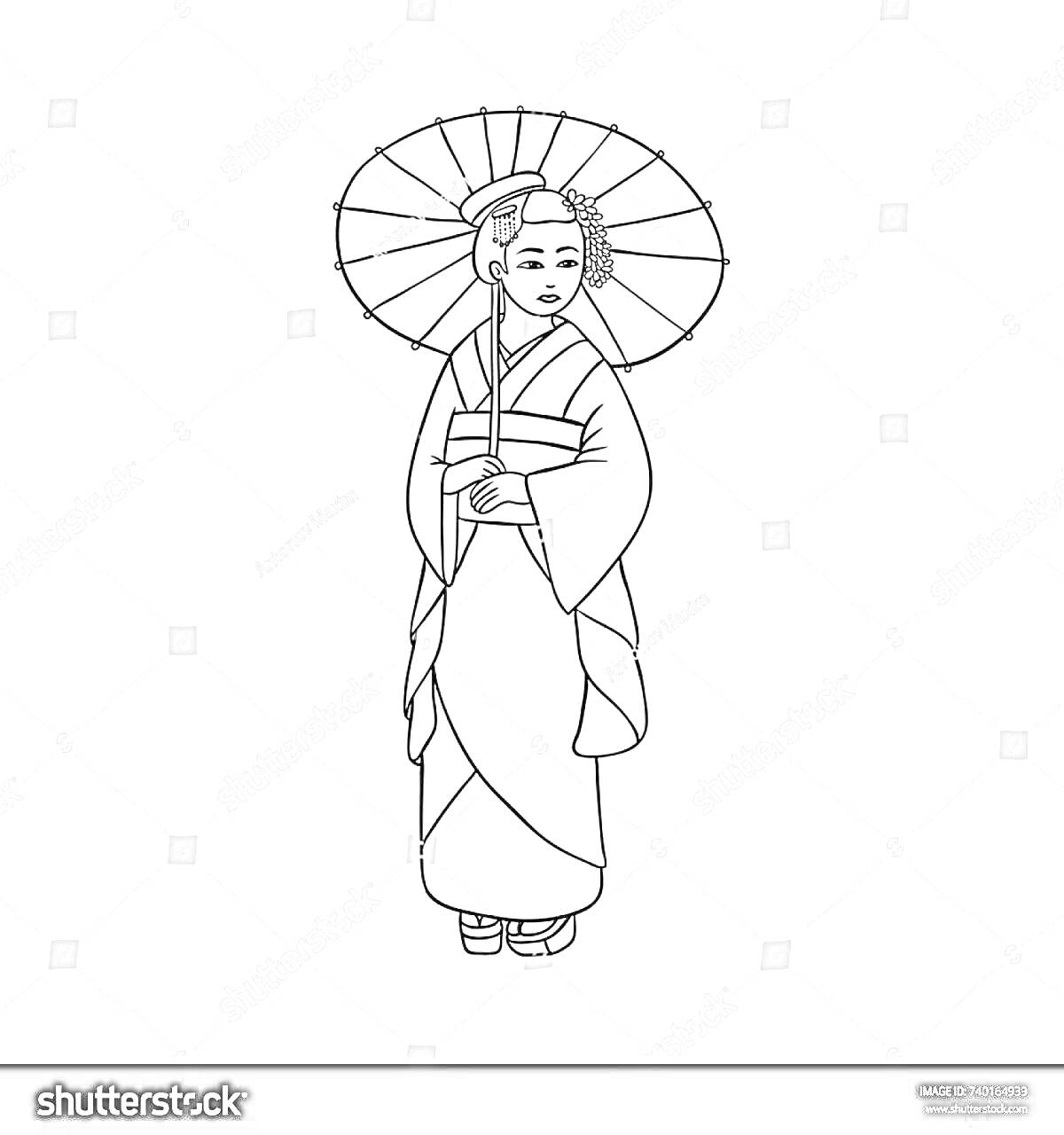 На раскраске изображено: Японка, Традиционная одежда, Зонт, Кимоно, Культура, Япония, Арт