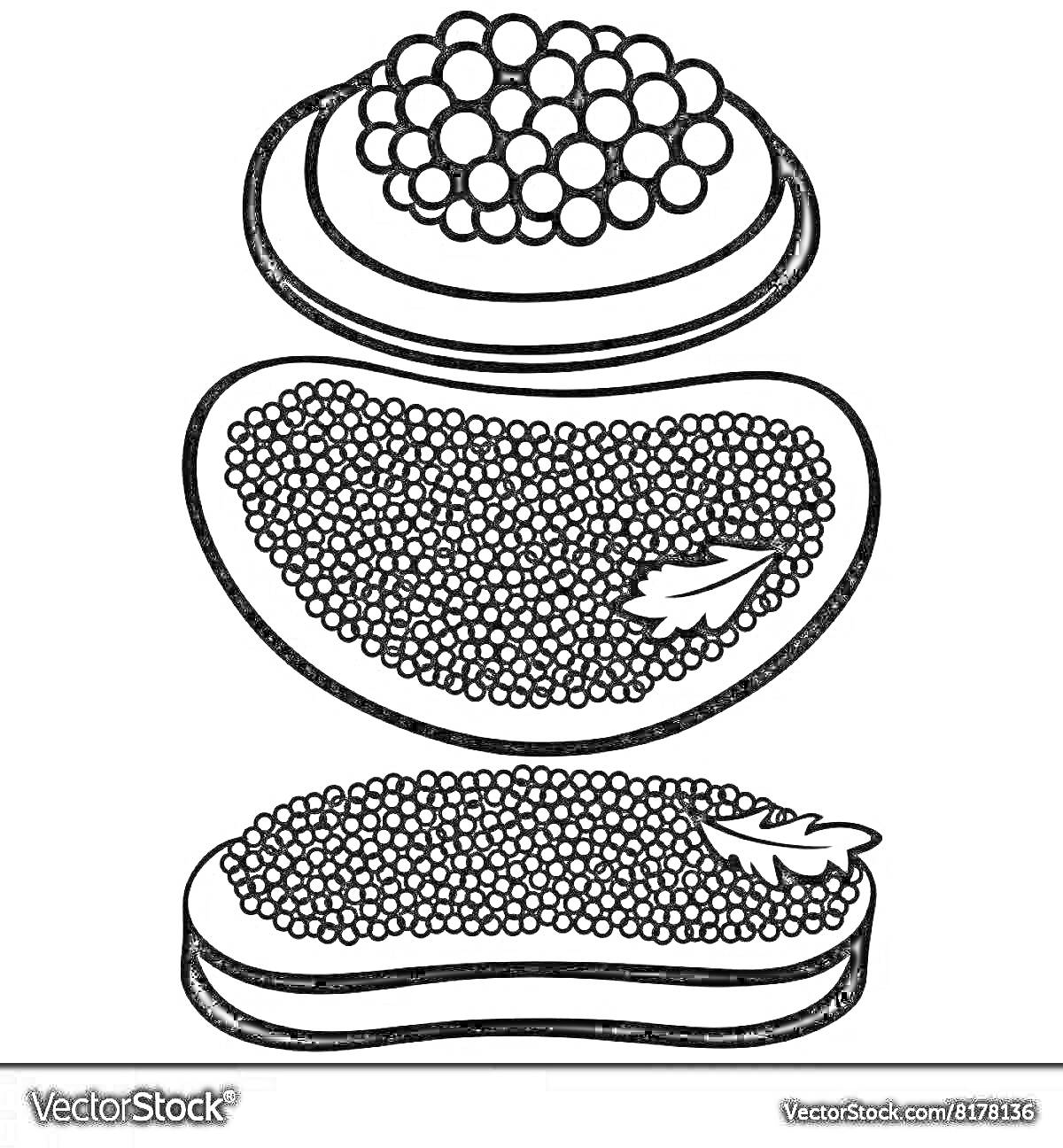 На раскраске изображено: Хлеб, Икра, Листья, Еда