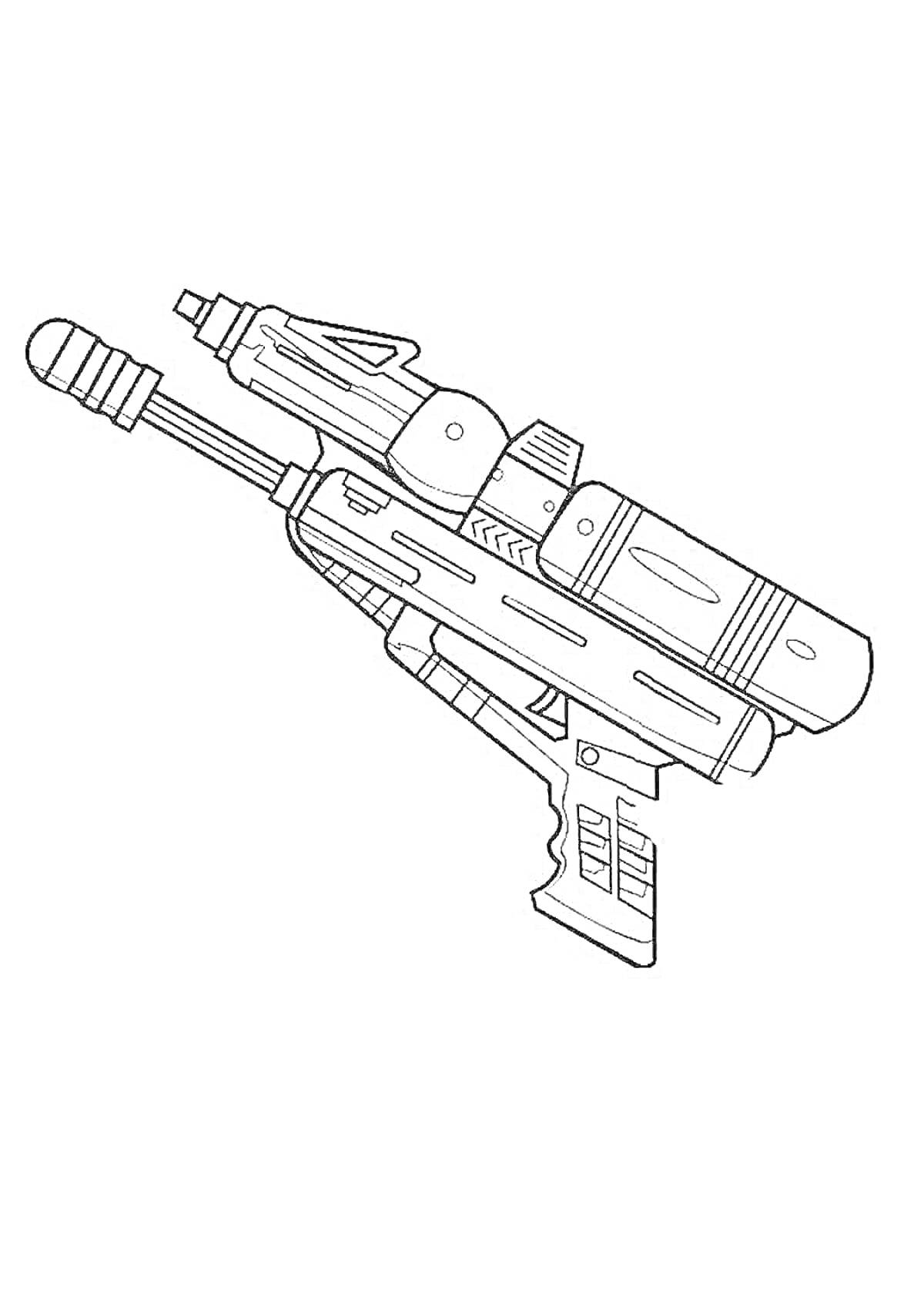 На раскраске изображено: Лазер, Бластер, Пушка, Прицел, Рукоятка, Оружие, Для мальчиков
