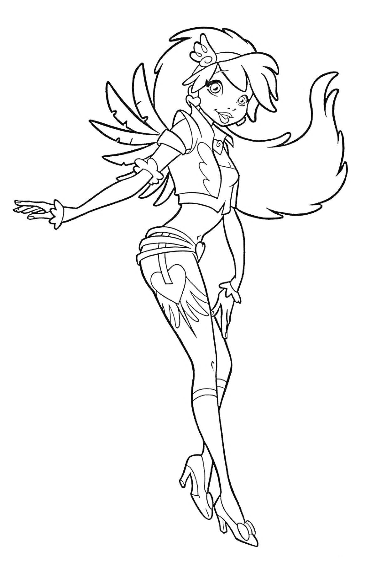 Раскраска Ангел-девушка с длинными волосами и крыльями