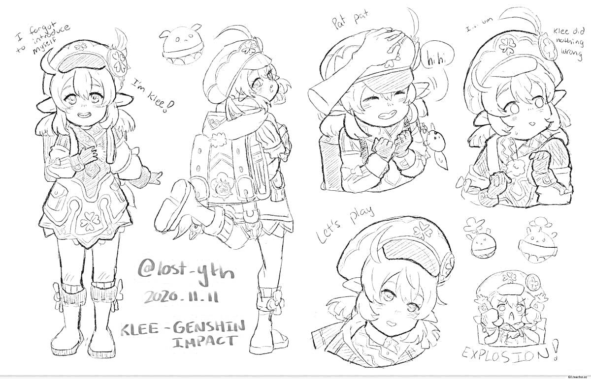 Раскраска Чиби персонаж Клее из Genshin Impact в различных позах: стоящая с ручкой на груди; сидящая, держащая руки у лица; стоящая с поднятой рукой и улыбкой; стоящая с мороженым, улыбаясь; портрет, улыбающаяся; маленькое изображение рядом с тортом.