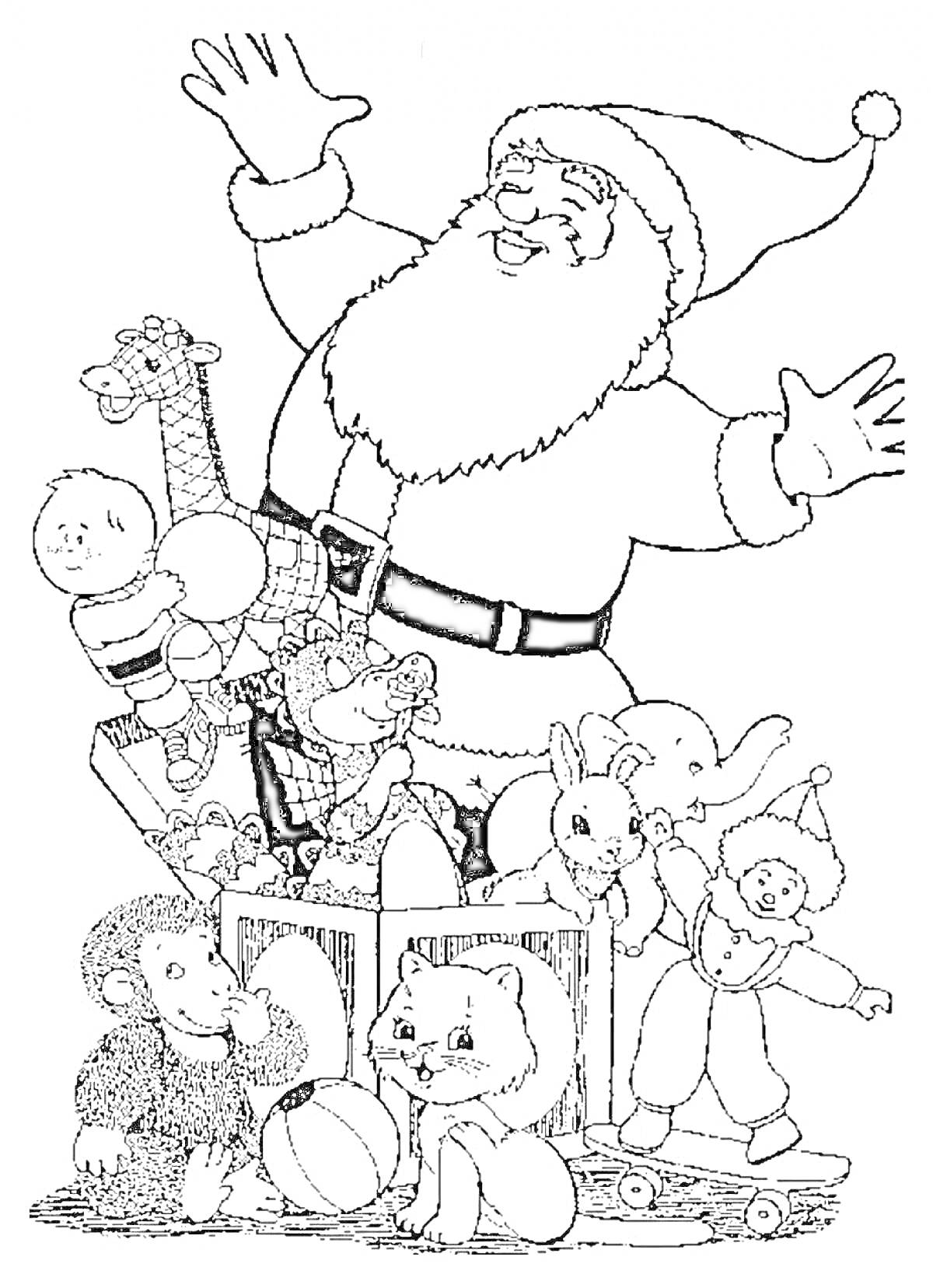 На раскраске изображено: Дед Мороз, Звери, Лев, Заяц, Игрушки, Новый год, Рождество