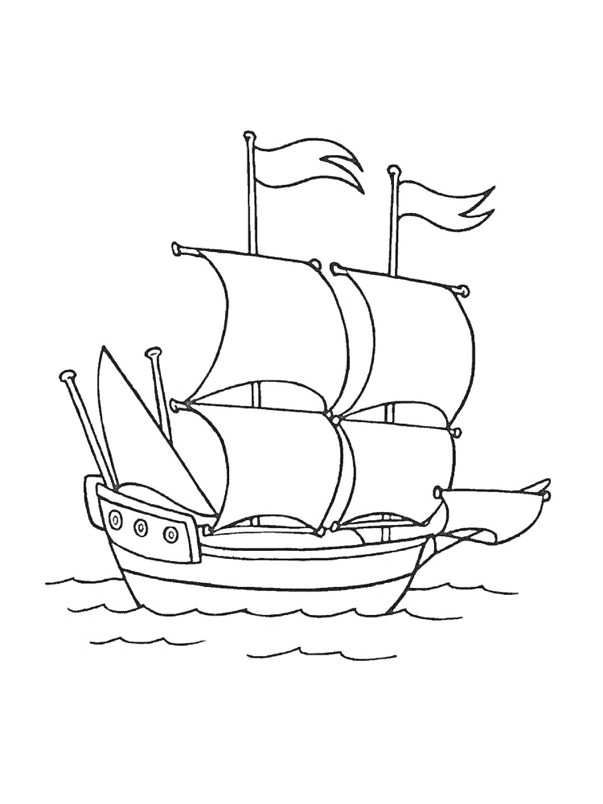 На раскраске изображено: Корабль, Паруса, Волны, Море, Судно, Флаг