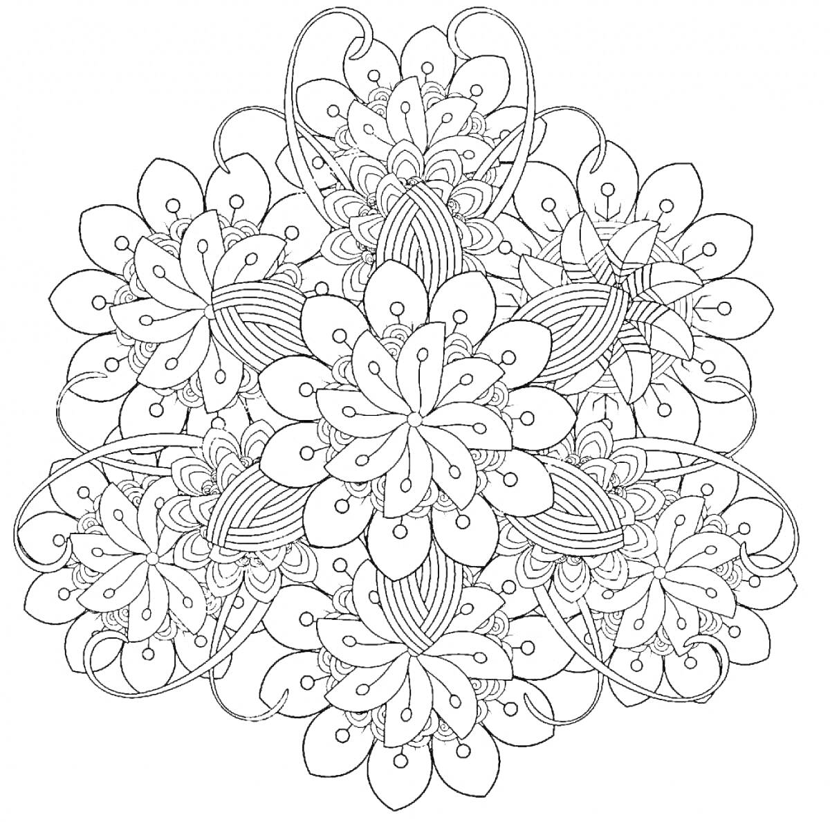 На раскраске изображено: Мандала, Лепестки, Антистресс, Орнамент, Дизайн