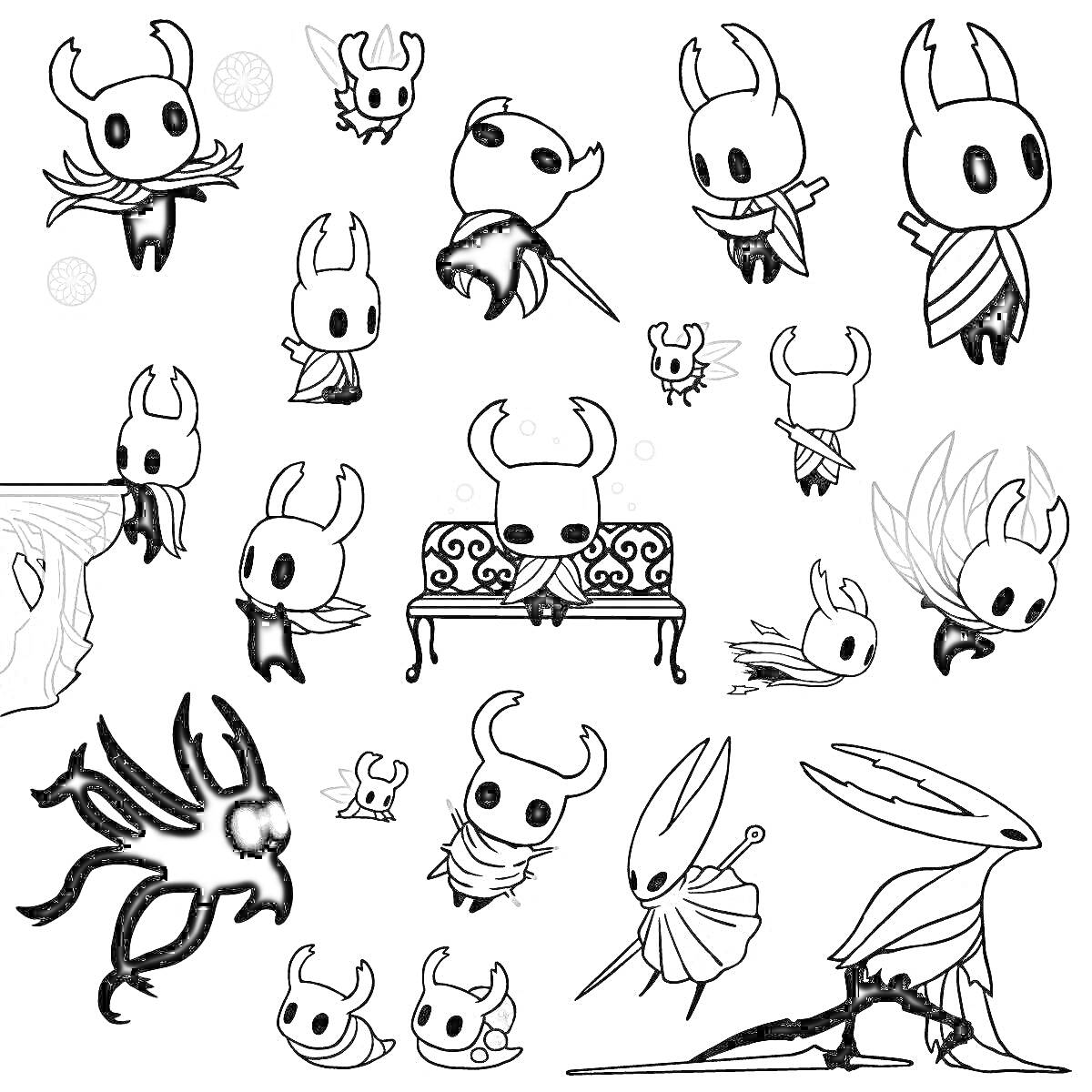 Раскраска Персонажи из игры с элементами масок, накидок, скамейки и монстра