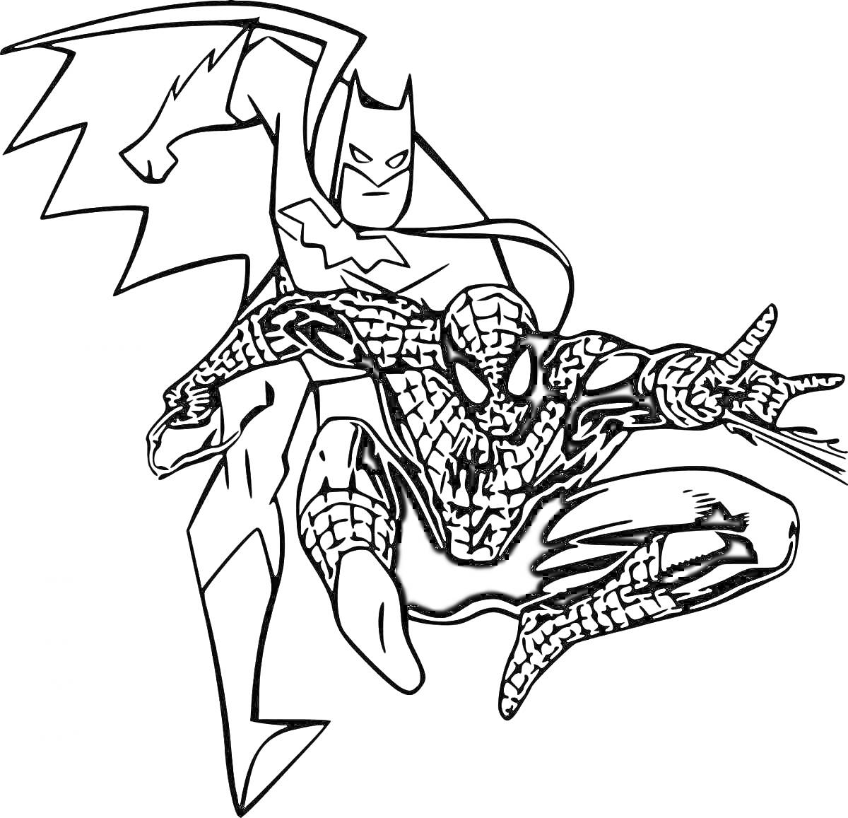 РаскраскаБэтмен и Человек-Паук в боевой стойке