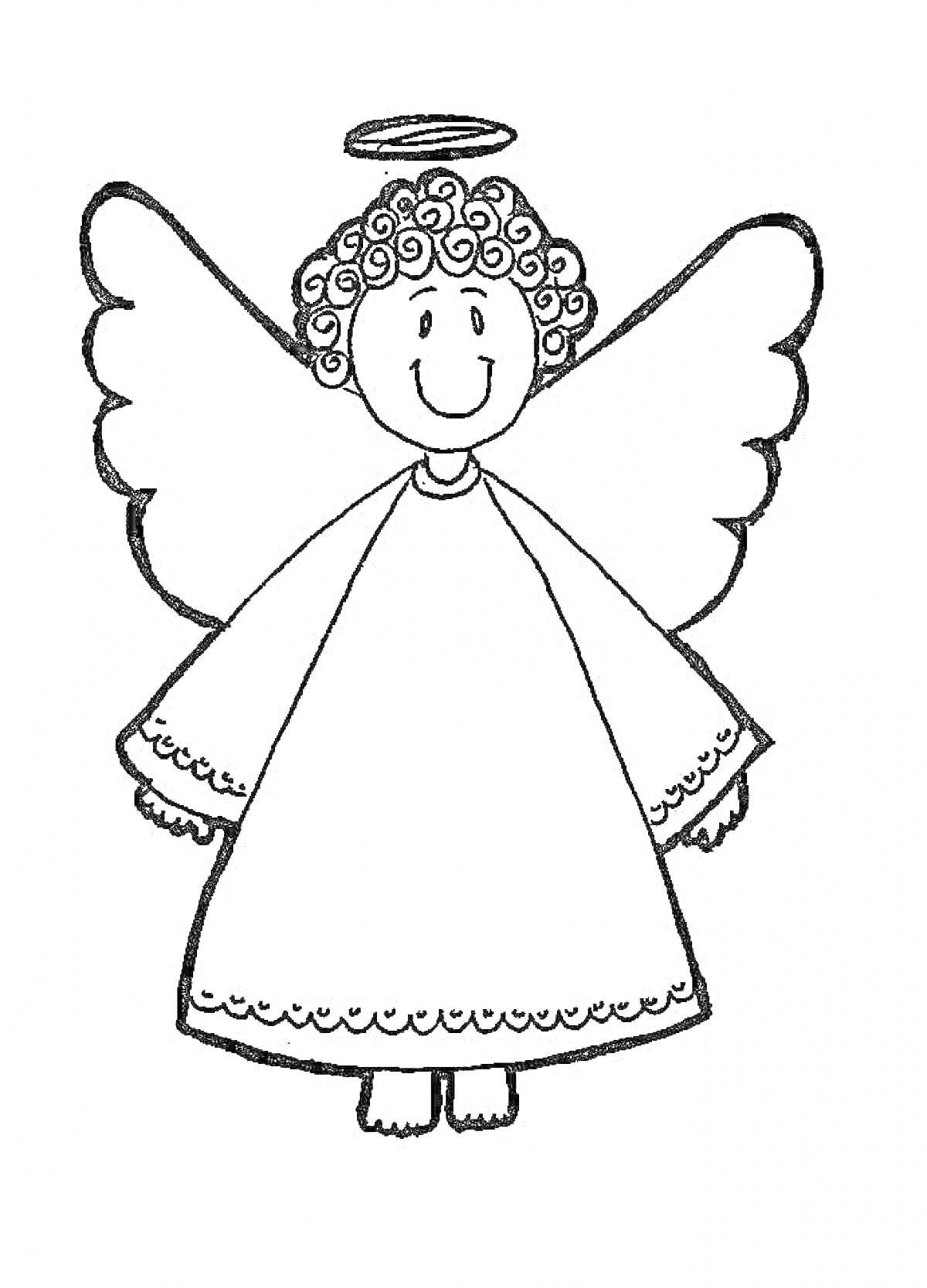 Раскраска Ангелочек с кудрявыми волосами, нимбом и крыльями в длинном одеянии